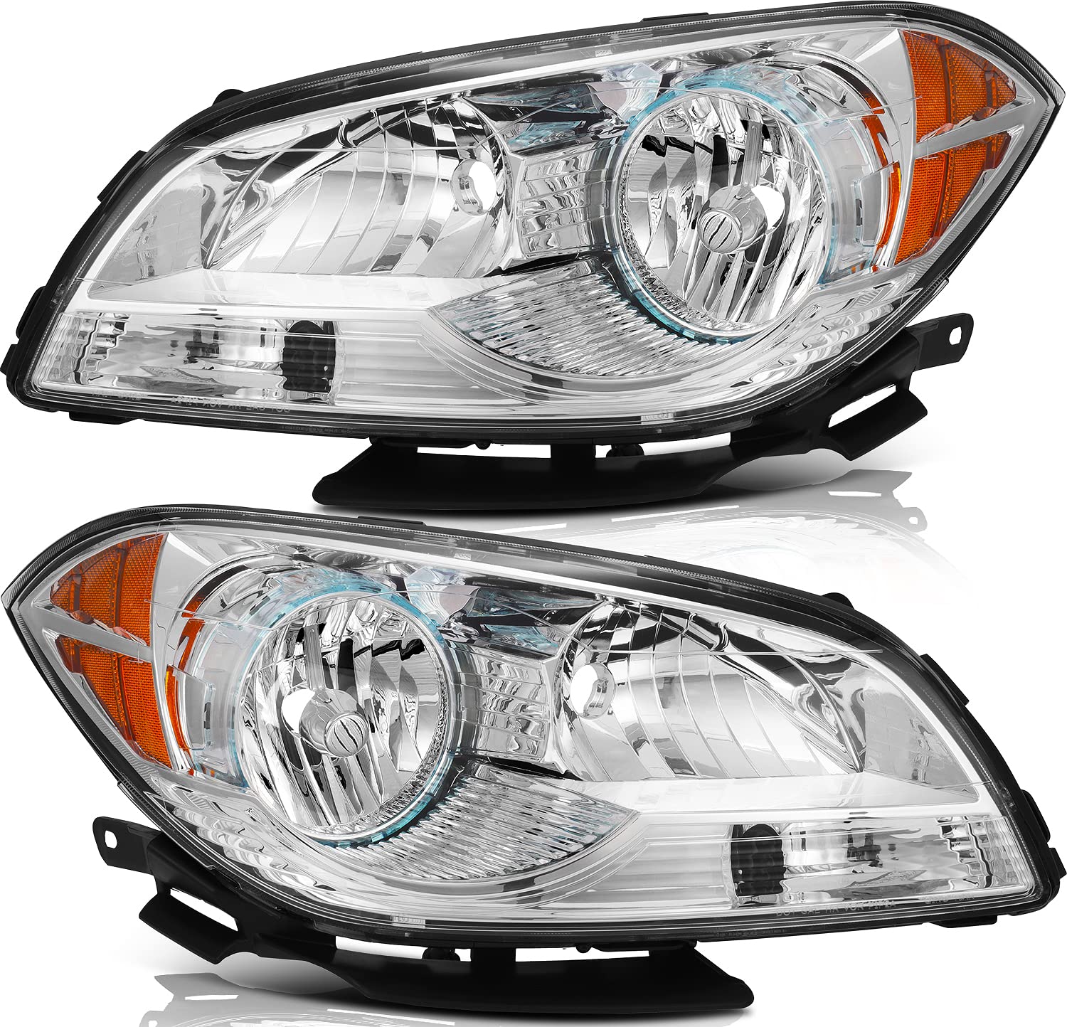 Chevrolet Malibu Headlight Assembly 2008-2012 - Chrome Housing, Amber Reflector, Clear Lens - Driver & Passenger Side Replacement Headlamps - Perfect for Night Driving & Vehicle Restoration Projects
