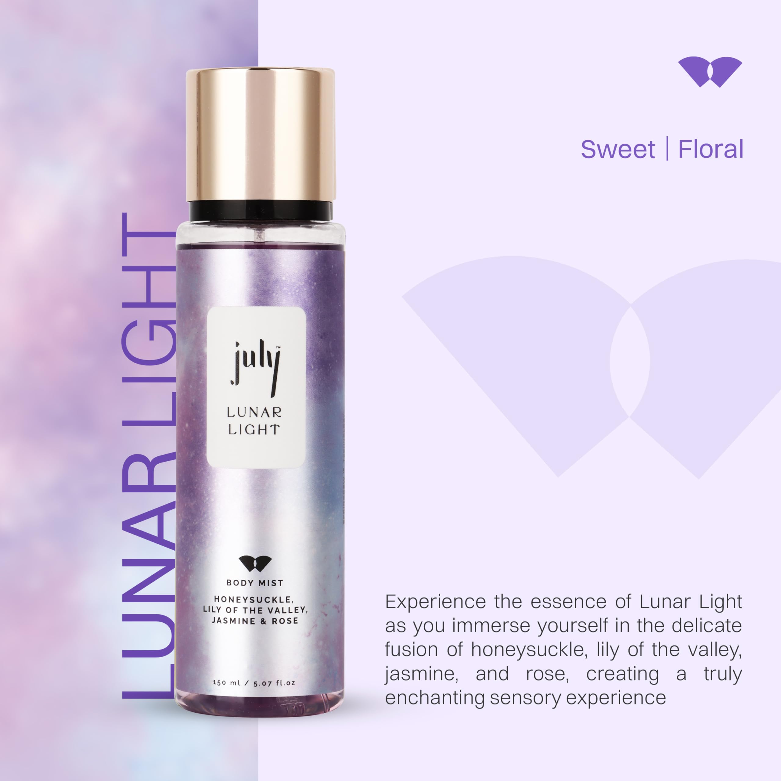 July Lunar Light Body Mist Spray - Sweet & Floral Fragrance with Honeysuckle, Lily of the Valley, Jasmine & Rose | 150ml Long-Lasting Perfume Mist | Natural Ingredients & IFRA Certified | Perfect for Daily Wear, Date Nights & Special Occasions