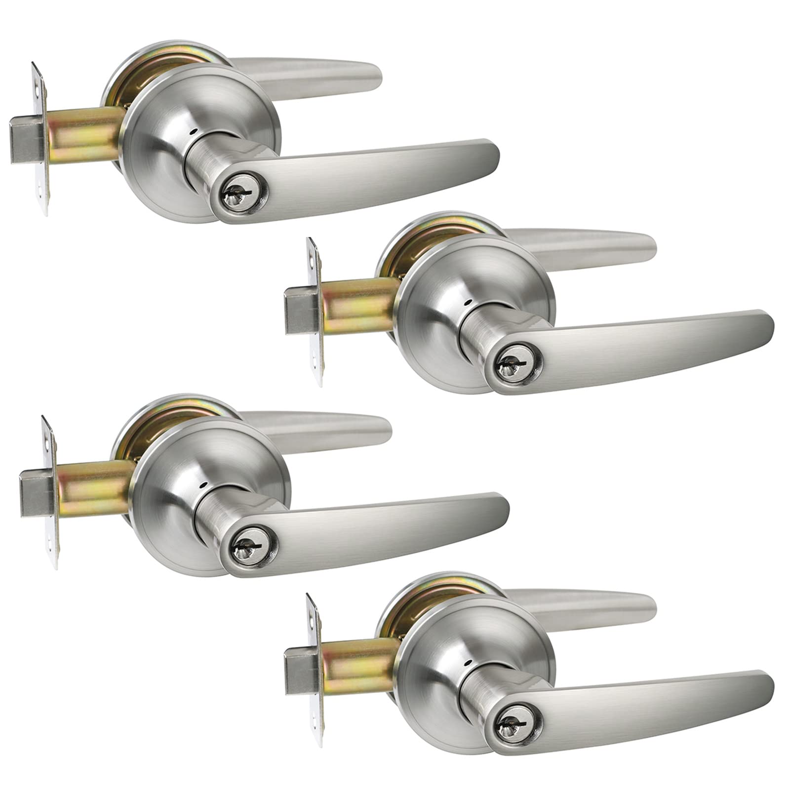 HISAFE 4-Pack Keyed Entry Door Handle Set - Exterior Lever Door Lock with Unique Keys, Satin Nickel Finish (X-TL021-SN-ET-4P) - Perfect for Home, Office, and Apartment Security
