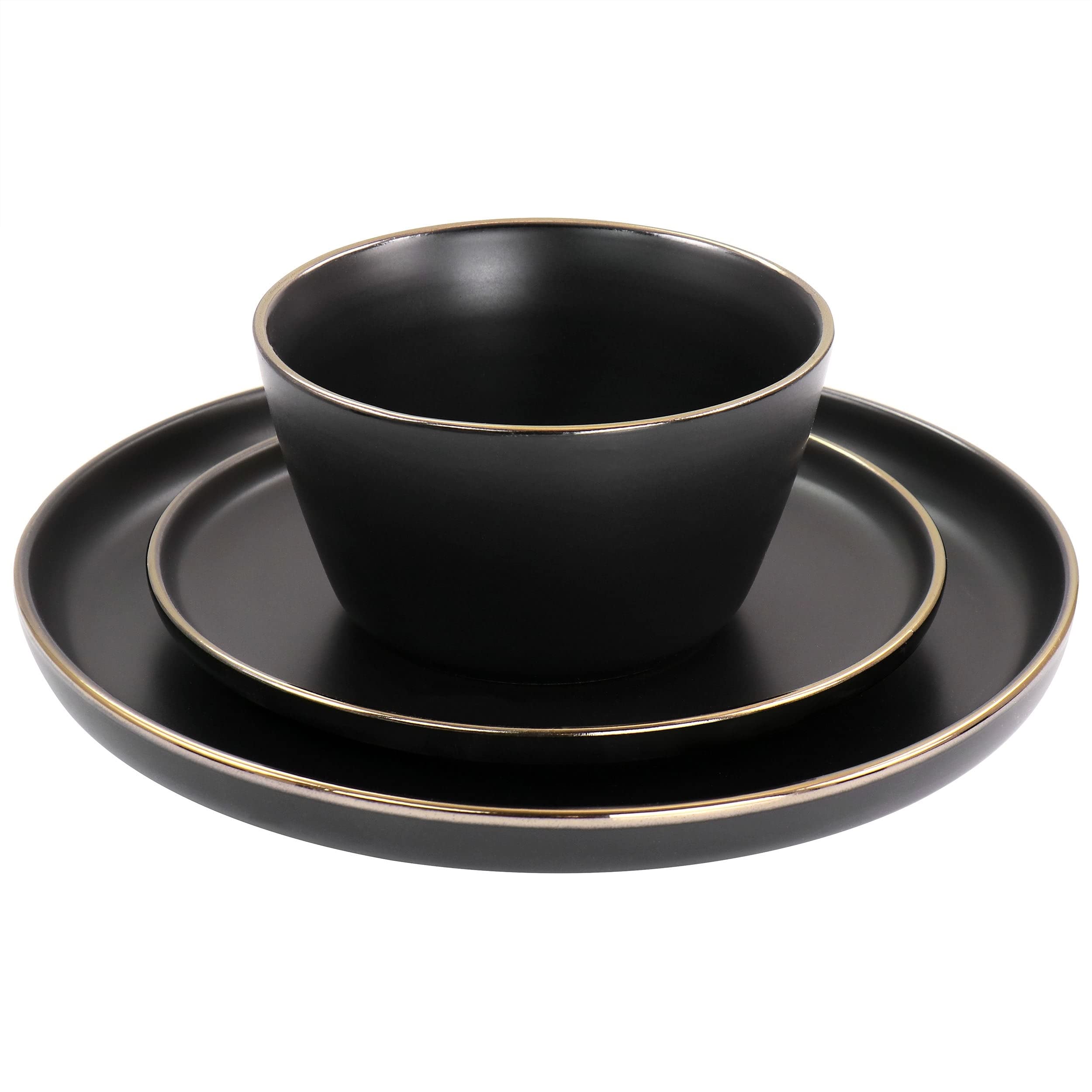 16-Piece Black Stoneware Dinnerware Set with Gold Rim - Elegant & Durable Round Plates, Bowls - Dishwasher & Microwave Safe for Everyday Dining & Entertaining