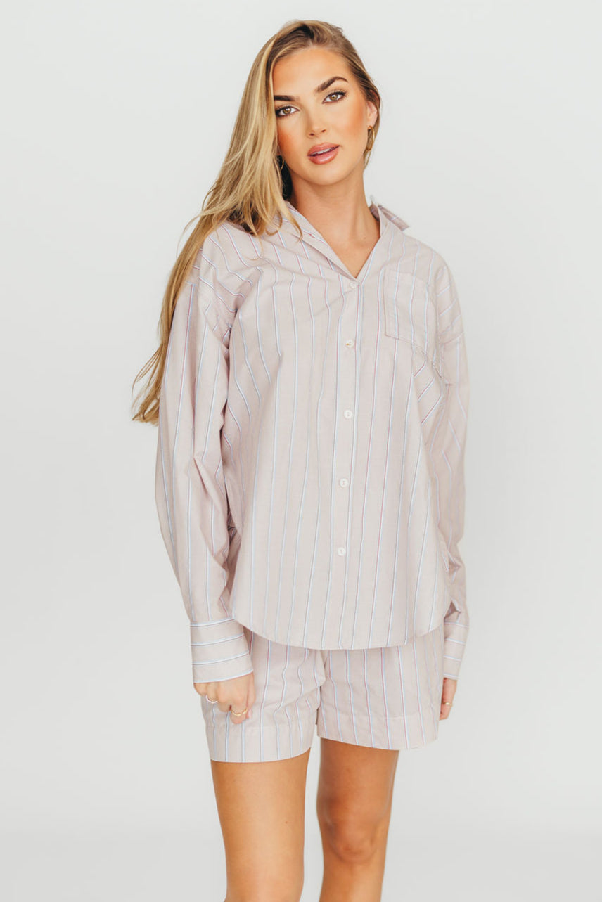 Dove Stripe Shorts for Women - Comfortable Cotton Blend Casual Shorts in Almond/Scarlet - Perfect for Summer, Beach, and Lounge Wear