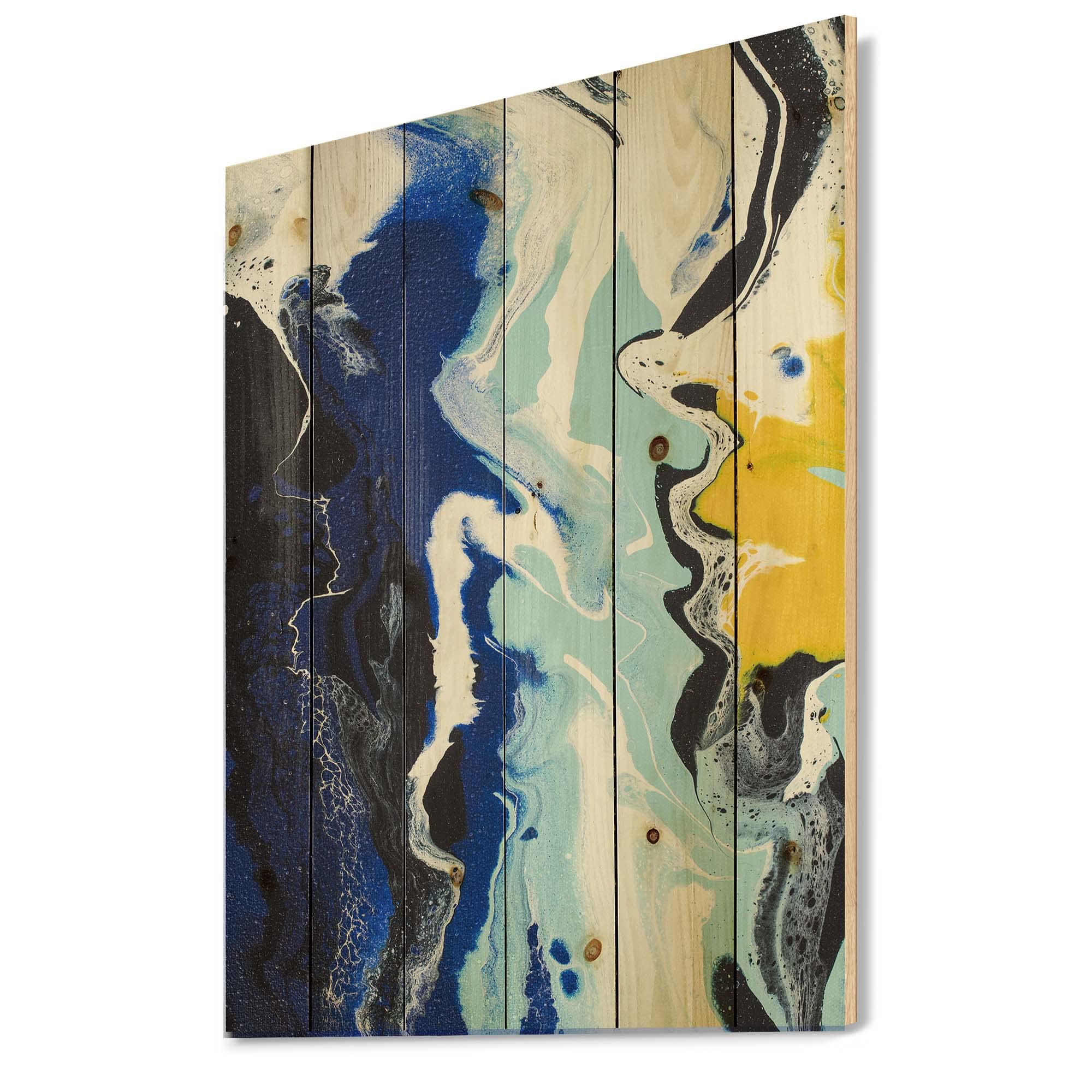 Abstract Yellow and Blue Waves Modern Wood Wall Art - Large Contemporary Wood Wall Decor Panels Printed on Natural Pine - Perfect for Living Room, Bedroom, or Office Decor