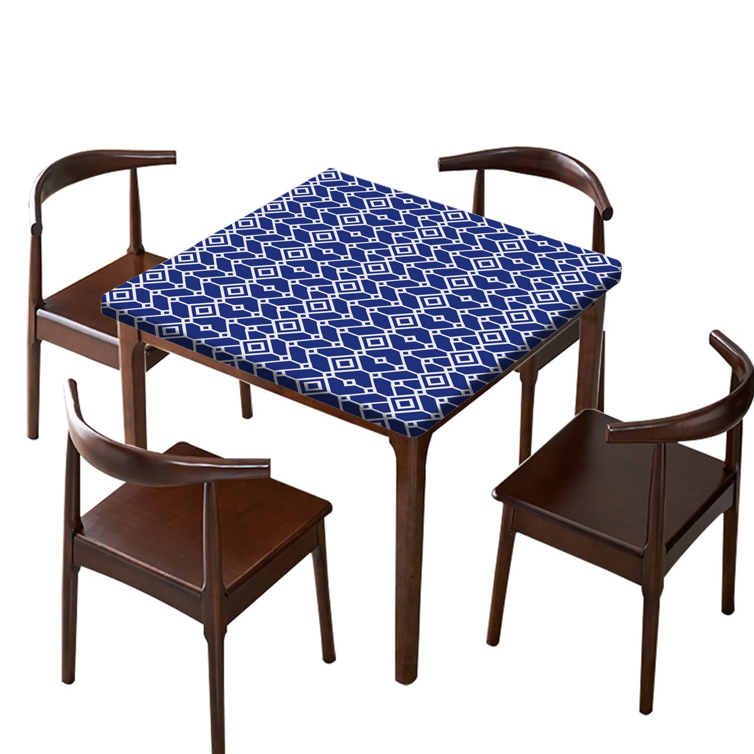 Premium Moroccan Fitted Square Tablecloth - Navy Blue Geometric Elastic Edge Table Cover | Dustproof, Oil Resistant & Machine Washable Polyester Fabric | Perfect for Holiday Dinners, Patio Parties & Family Gatherings | Fits 24x24 Inch Tables