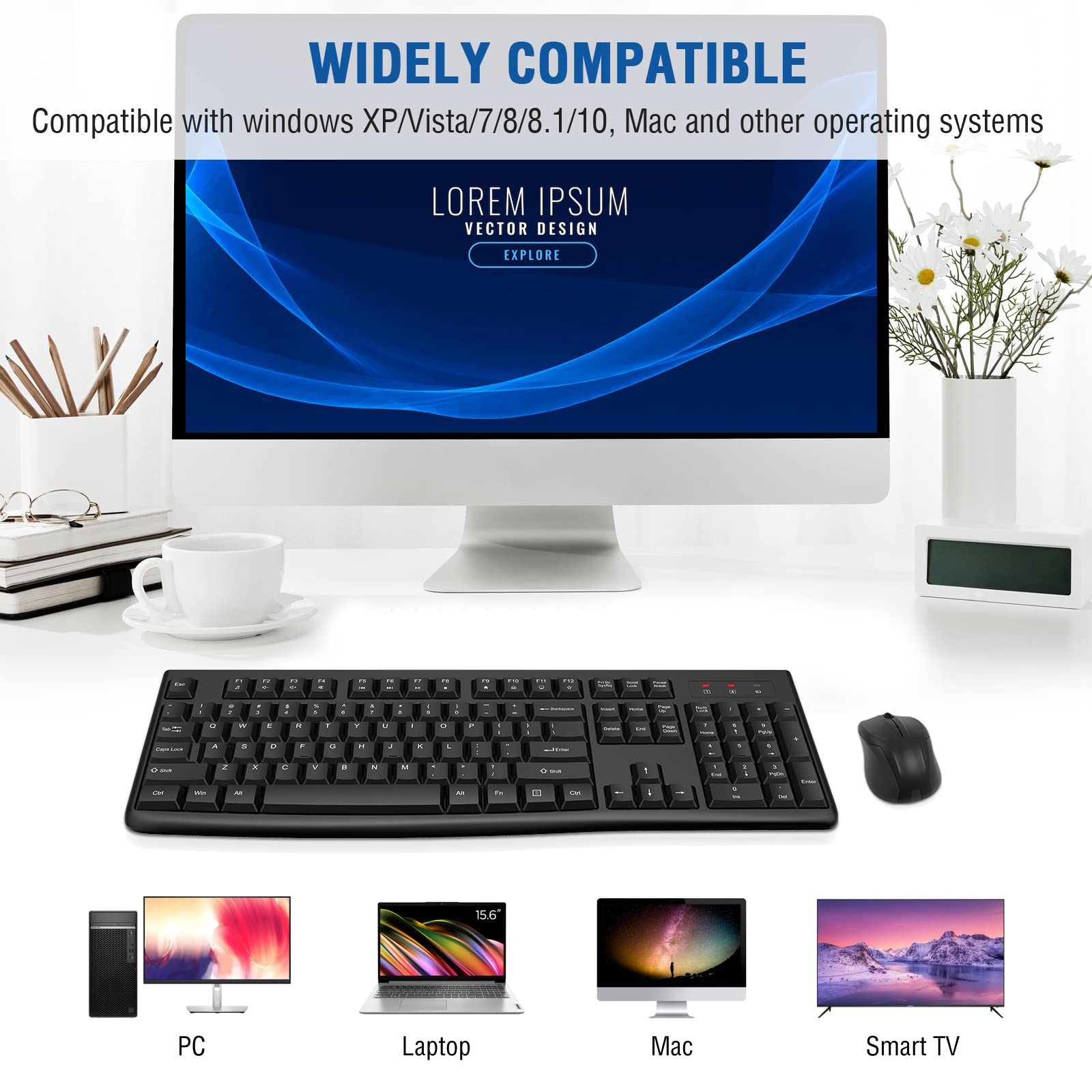 EDJO Wireless Keyboard and Mouse Combo - 2.4GHz Full-Sized USB Optical Mouse & Computer Keyboard for Windows/Mac, Compatible with Laptop, Desktop, PC - Perfect for Office Work, Gaming, and Home Computing