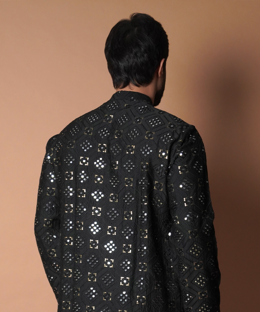 Stylish 9mm Jet Black All Resham & Mirror Work Embroidered Kurta Set for Men | Traditional Indian Wedding & Festive Outfit