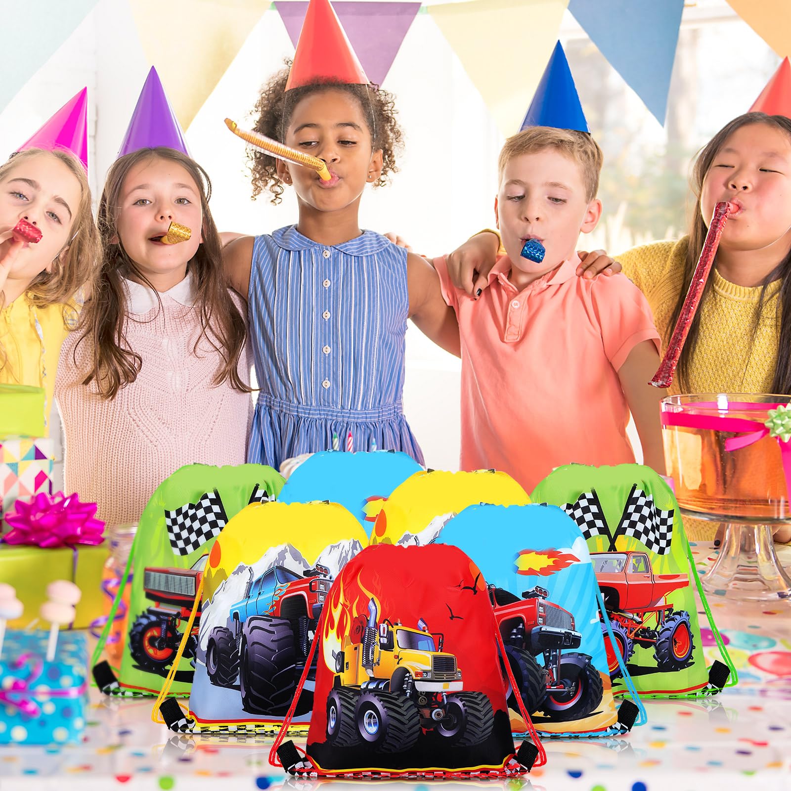 Tondiamo 16-Pack Racing Truck Drawstring Gift Bags - Kids Birthday Party Decorations, Candy Treat Bags for Themed Parties, Baby Showers & School Events