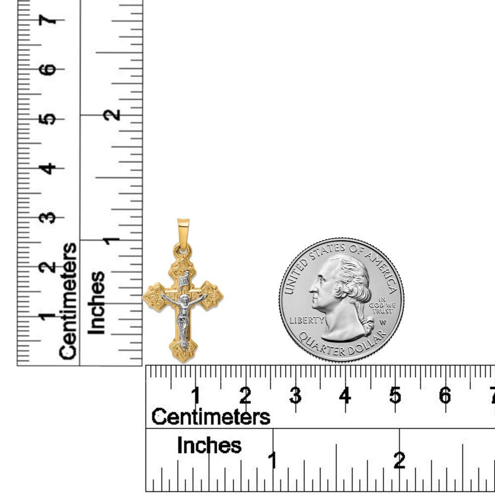 14K Two-Tone Yellow Gold & White Gold INRI Crucifix Pendant Necklace - Elegant Polished Budded Cross Charm for Women & Men - Perfect Religious Jewelry Gift for Baptism, Confirmation & Special Occasions