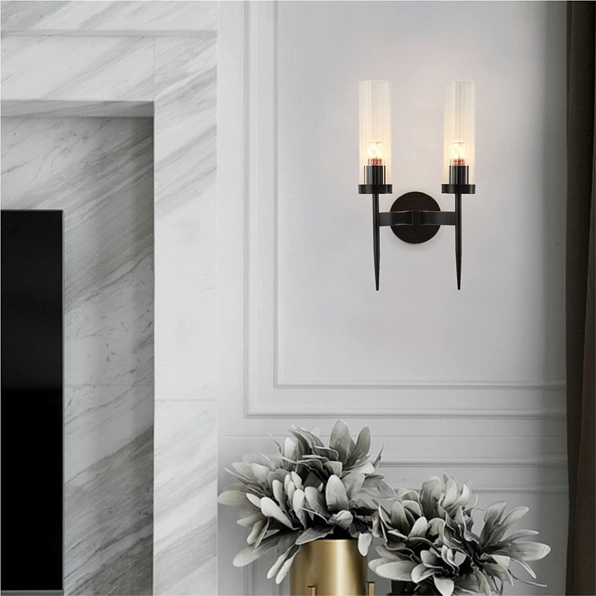 BOKT Modern 2-Light Matte Black Metal Vanity Light Fixture with Clear Crystal Glass - Wireless Wall Sconce for Bedroom, Bathroom & Living Room - Mid Century Style Wall Mounted Lighting for Home Decor