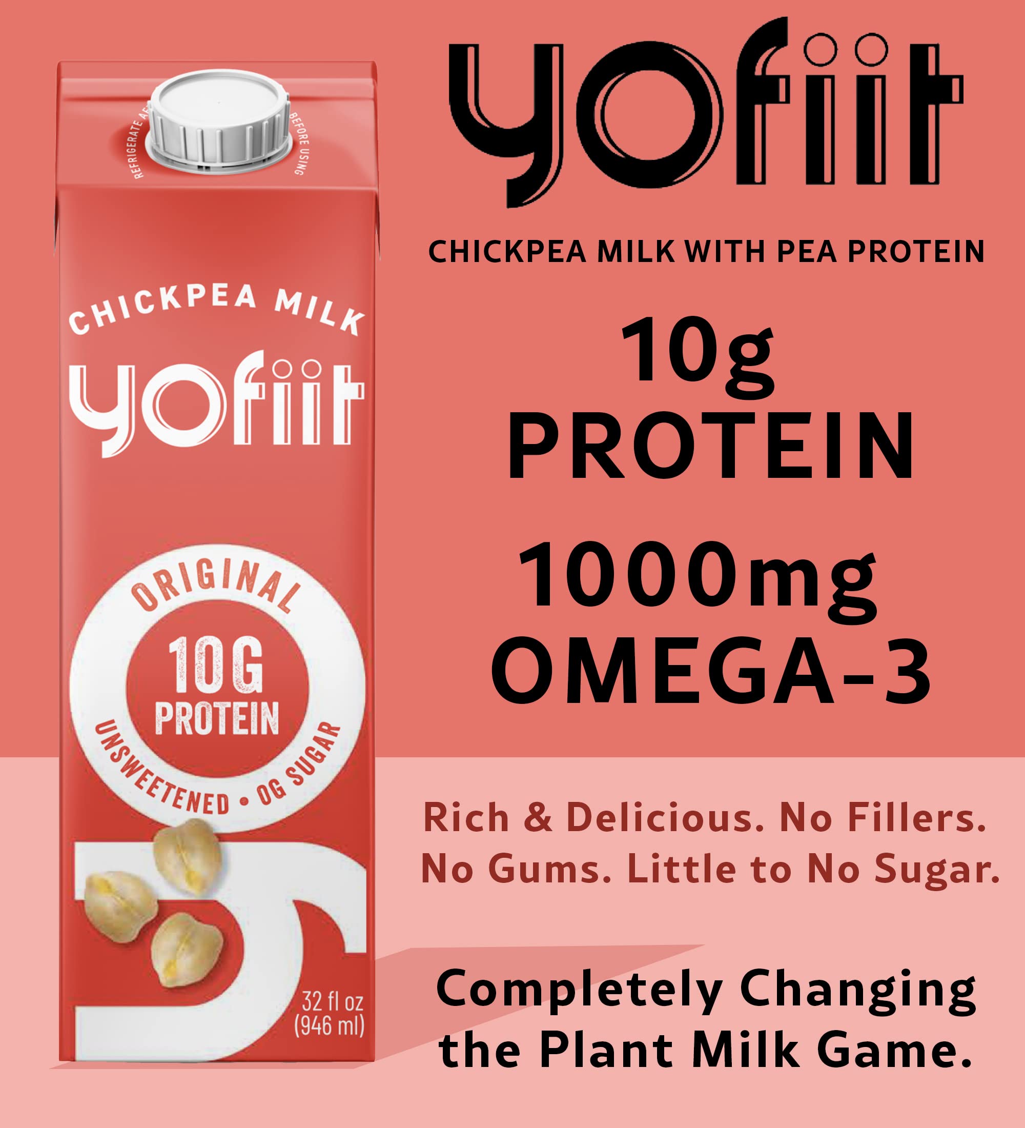 Yofiit Original Unsweetened Plant Based Milk with Pea Protein & Flax - High Protein Vegan Milk Alternative (10g Protein) | Dairy-Free Coffee Creamer, Shelf-Stable & Lactose-Free | Perfect for Smoothies, Cereal & Baking - 6 Pack