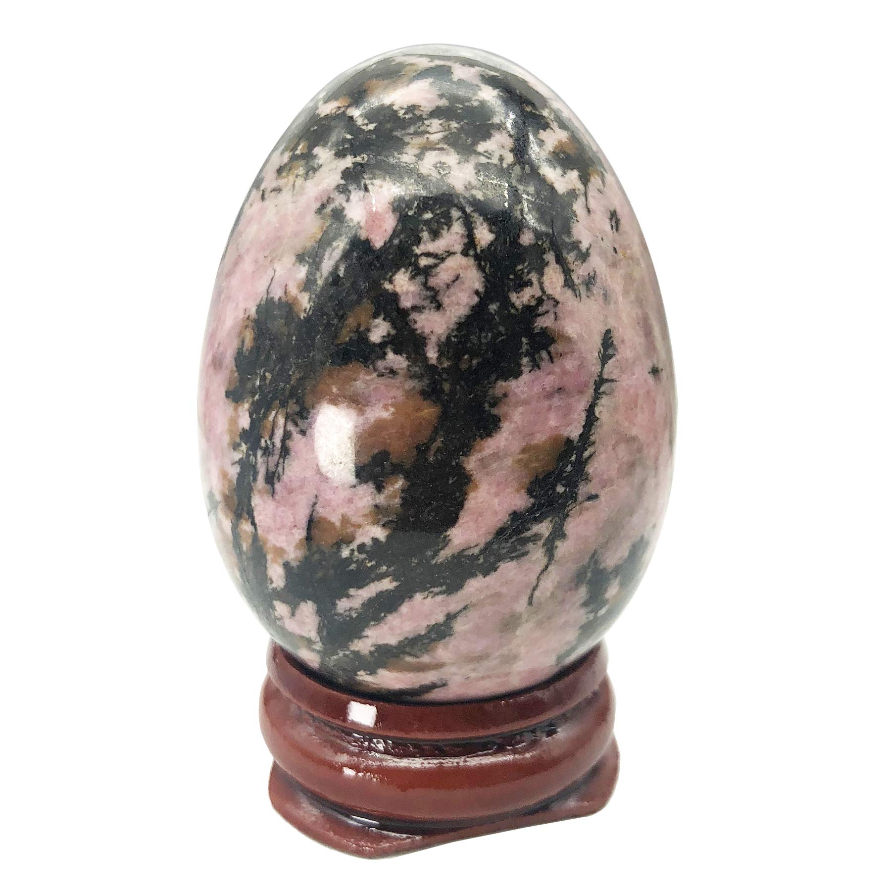 Healing Crystal Stone Egg Figurine - Polished Rhodonite Easter Egg Sphere Sculpture with Wooden Stand (1.8 Inch) - Meditation Decor, Reiki Healing Tool, Feng Shui Home Decoration, Unique Gift Idea