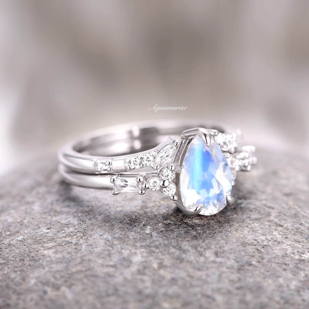 14K White Gold Teardrop Natural Moonstone Ring Set - Elegant Jewelry for Women, Perfect for Weddings, Parties & Everyday Wear