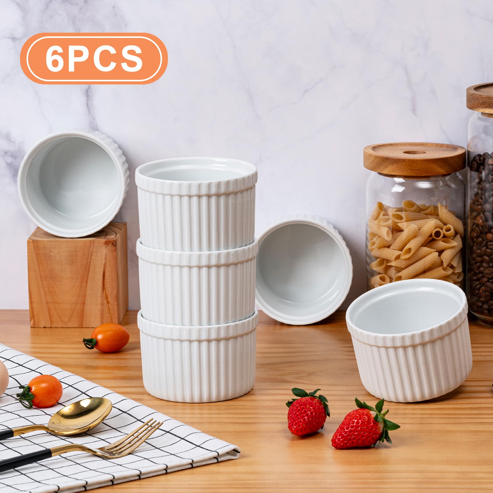 6-Pack 8 oz White Ceramic Ramekins with Embossed Strips - Oven Safe Fluted Bowls for Baking Creme Brulee, Custard, Pudding & Muffins | Perfect for Desserts, Souffles, and Elegant Dinner Parties