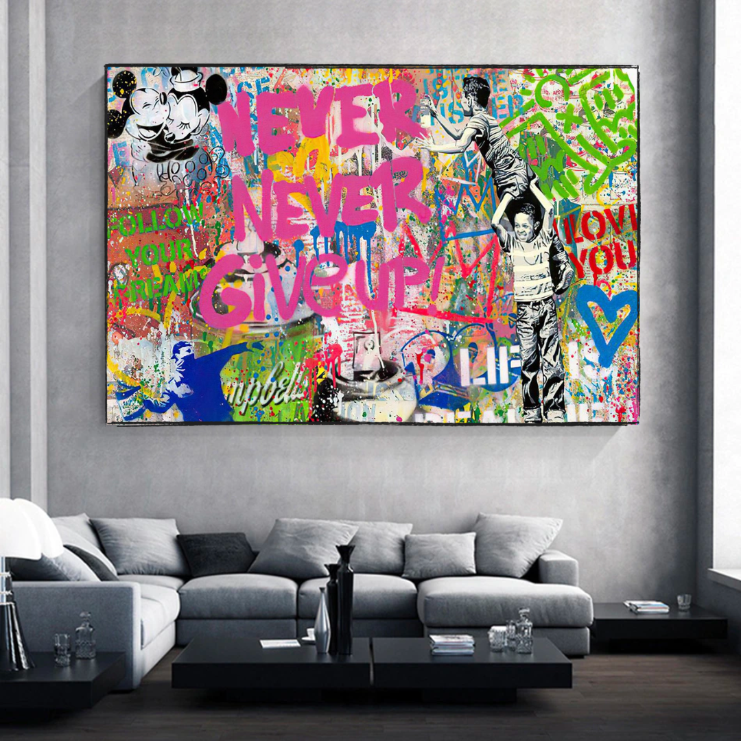 Banksy Never Give Up Canvas Wall Art Print - Inspirational Street Art Poster for Home, Office & Gift Decor