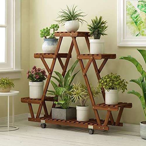 Triangular Plant Stand with Wheels - 6 Tier Carbonized Wood Flower Pot Holder Shelf for Indoor & Outdoor Garden Organizer - Gold Finish | Perfect for Balcony, Patio, and Home Decor Storage Solution