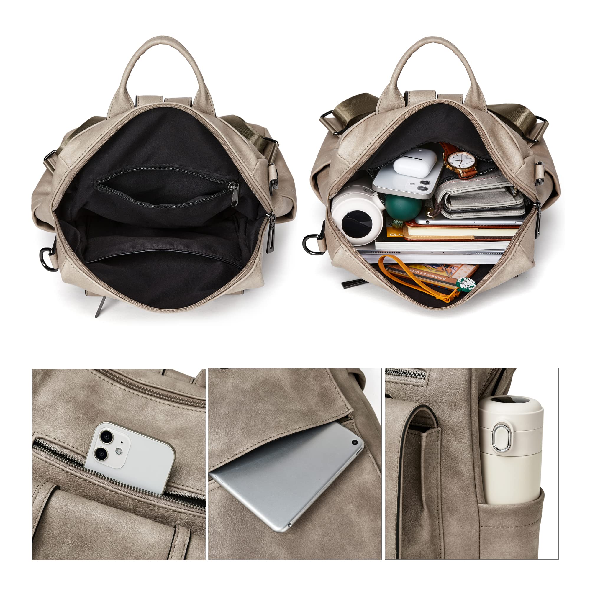 OPAGE Women's Leather Backpack Purse - 14 Inch Fashion Designer Shoulder Bag with Wristlet Strap, Grey - Perfect for Travel, Work & Daily Commute