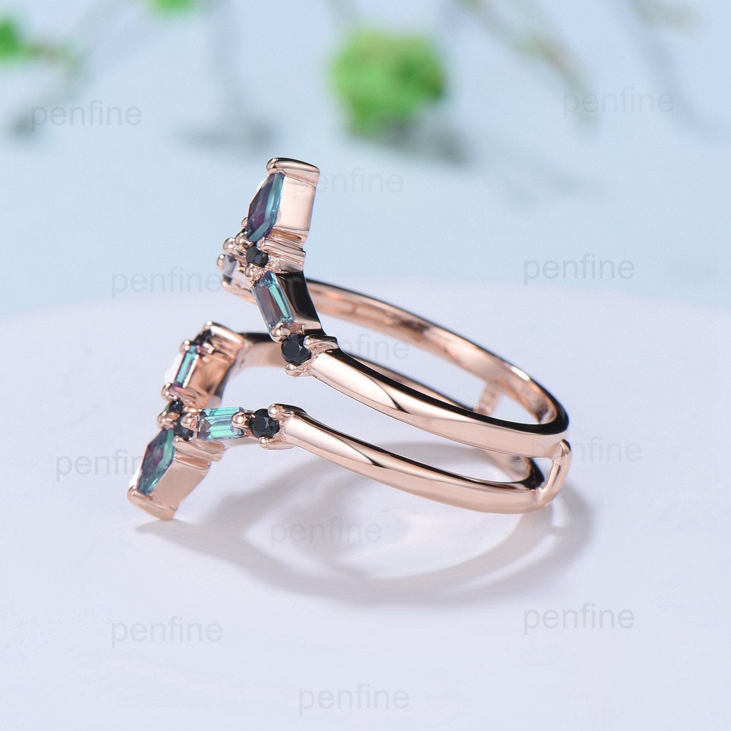 Double V Curved Kite Baguette Alexandrite Wedding Band Enhancer Wrap - Solid Rose Gold Vintage Black Spinel Stacking Ring - Anniversary Gift for Her - Perfect for Bridal Jewelry, Stacking Rings & Special Occasions