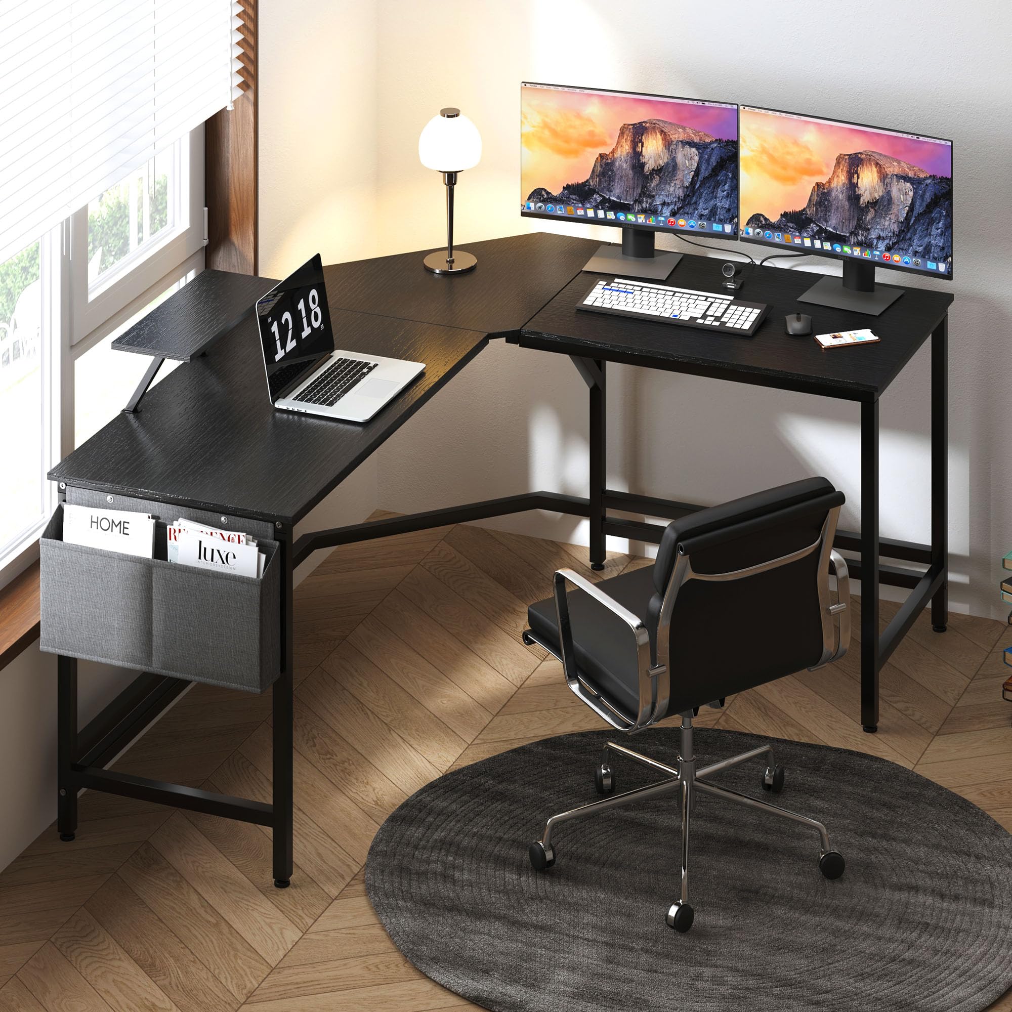 Soges Black L-Shaped Desk with Storage Bag & Monitor Stand - Corner Computer Desk for Home Office, Gaming, Writing & Reading | Space-Saving L-Shaped Workstation for Small Rooms & Apartments