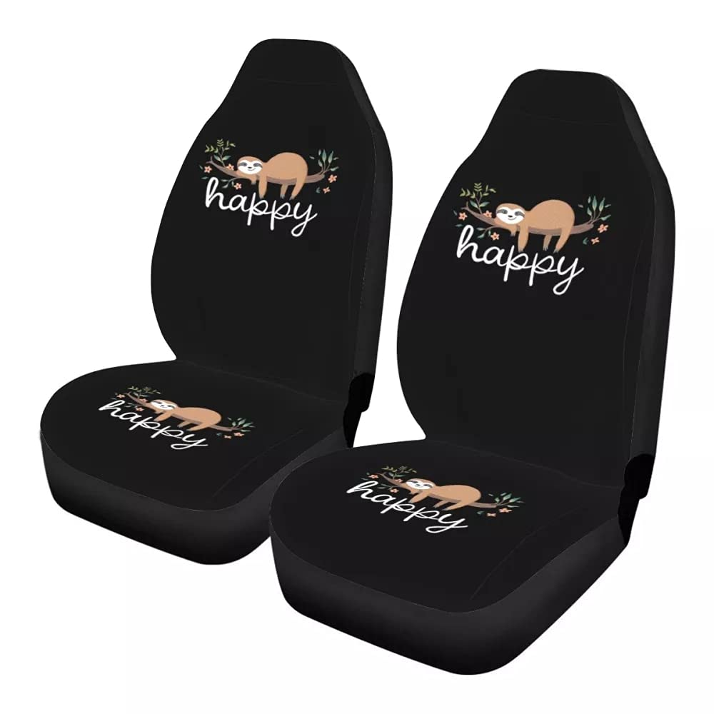 WELLYHOM Happy Sloth Universal Car Seat Covers Set - Soft Fabric Auto Seat Protector with Cute Print Design for SUV, Truck, Van (Black) | Perfect for Road Trips, Commuting & Pet Protection