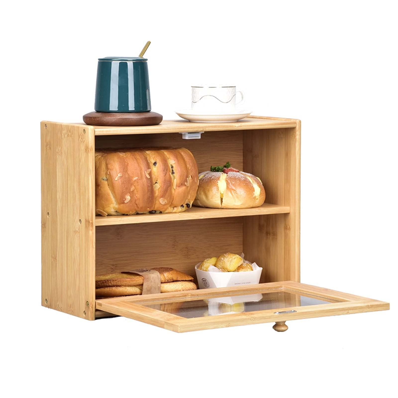 TUHFG 2-Tier Bamboo Bread Box with Lid - Large Kitchen Countertop Storage Organizer for Bread, Pastries & Baked Goods - Easy Assembly for Pantry & Dining Room Organization