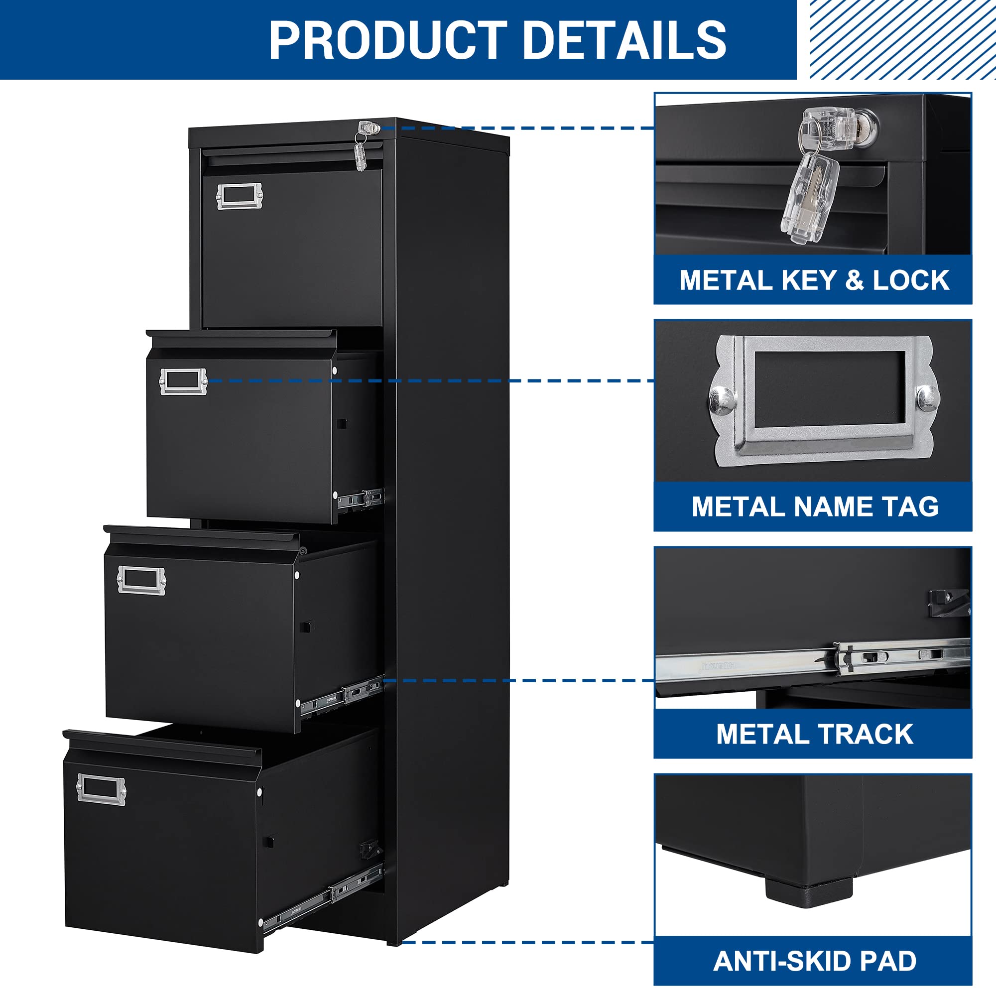 4-Drawer Metal File Cabinet - Lockable Storage for Home & Office - Organize Letter/Legal/A4 Files