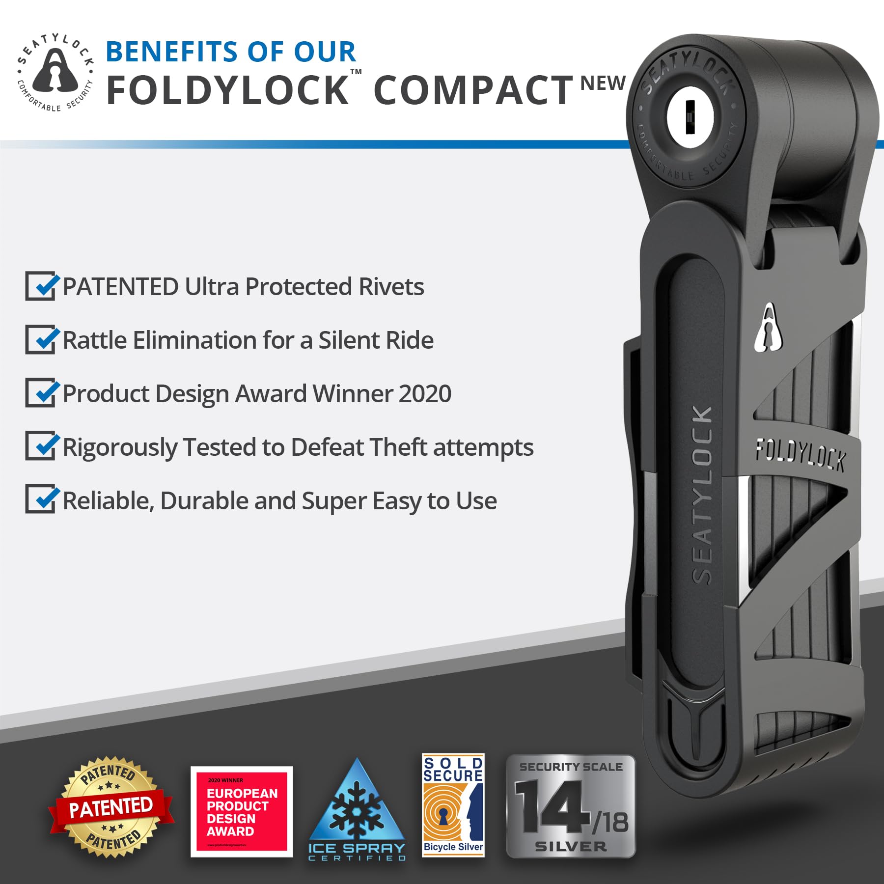 Seatylock FoldyLock Compact Folding Bike Lock - Lightweight High Security Bicycle Lock with Keys & Case - Heavy Duty Anti-Theft Protection for Bikes, Scooters & E-Bikes - Perfect for Commuting, Urban Riding & Travel