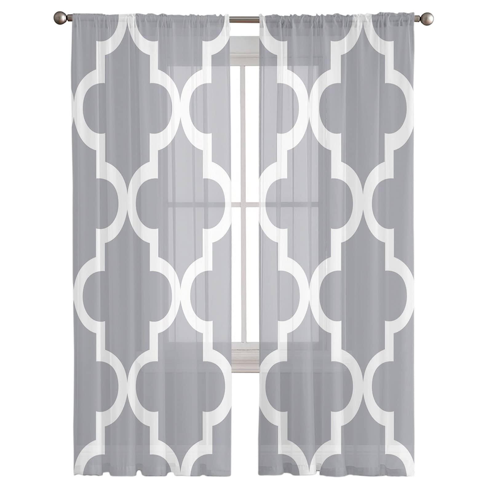 108 Inch Sheer Curtains Set of 2 Panels - Geometric Black & White Moroccan Style Voile Drapes with Rod Pocket | Light Filtering Window Treatments for Bedroom, Living Room & Kitchen | Elegant Home Decor for Modern & Boho Spaces