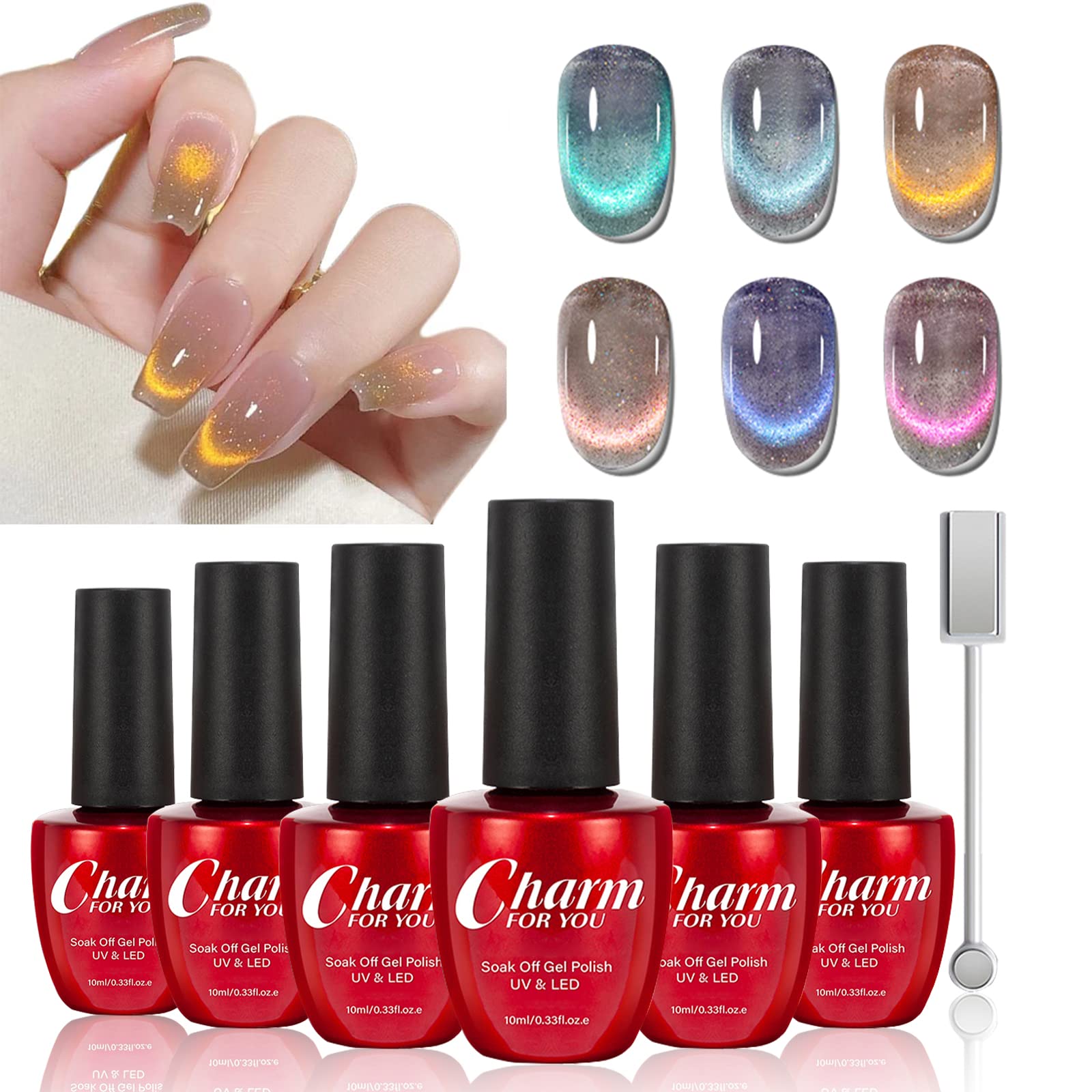 9D Cat Eye Magnetic Nail Polish Kit - 6 Glitter Gel Colors with Magnet for DIY Nail Art | Long Lasting, Professional Salon Quality | Perfect for Parties, Weddings & Special Occasions