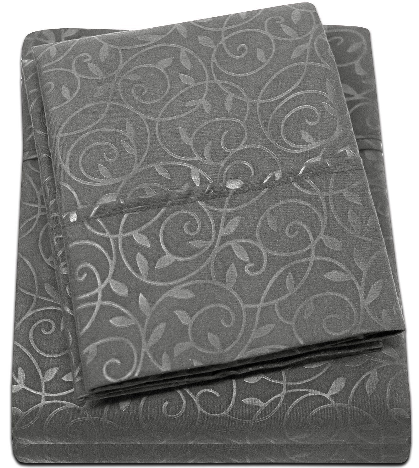 1800 Series Queen Size 4-Piece Vine Embossed Sheet Set - Soft Grey Luxury Bedding for Comfortable Sleep & Elegant Bedroom Decor