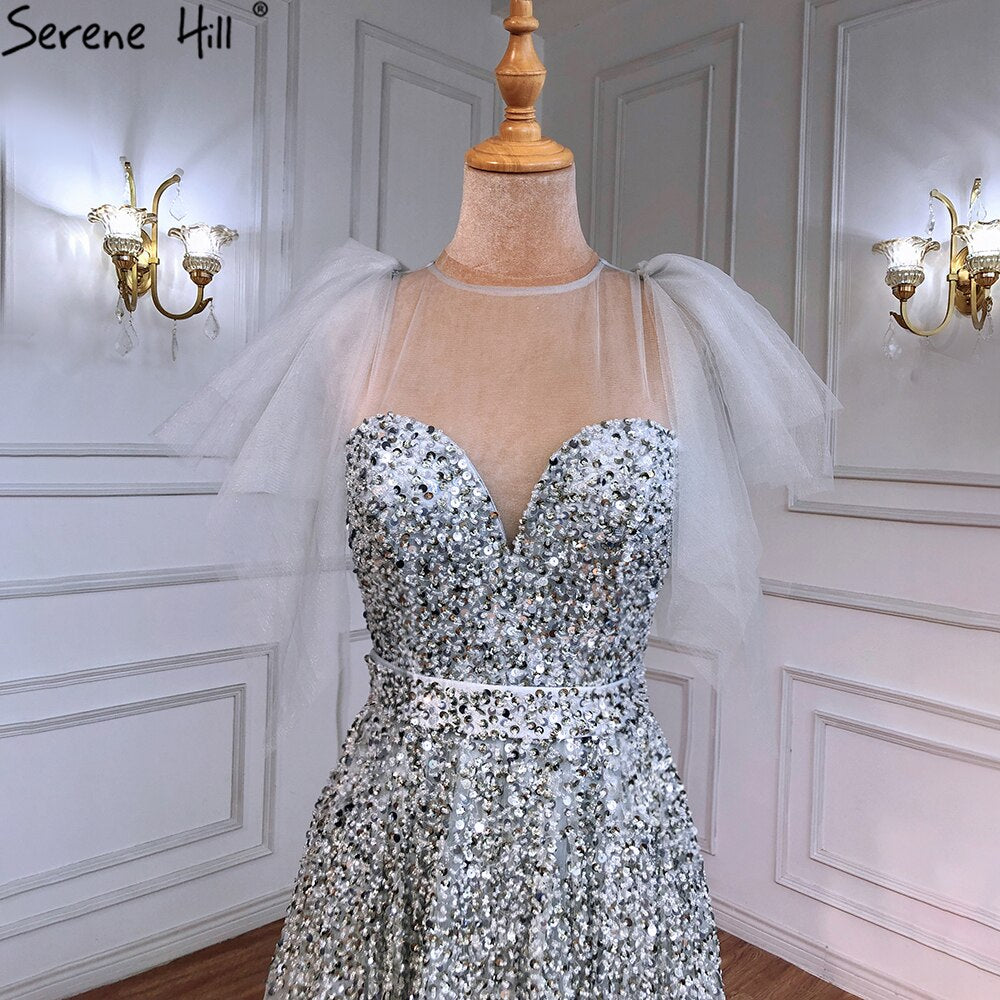Serene Hill Luxury A-Line Grey Evening Dresses for Women 2025 - Beaded Detachable Sleeves Formal Gowns for Parties, Prom, Weddings & Special Occasions