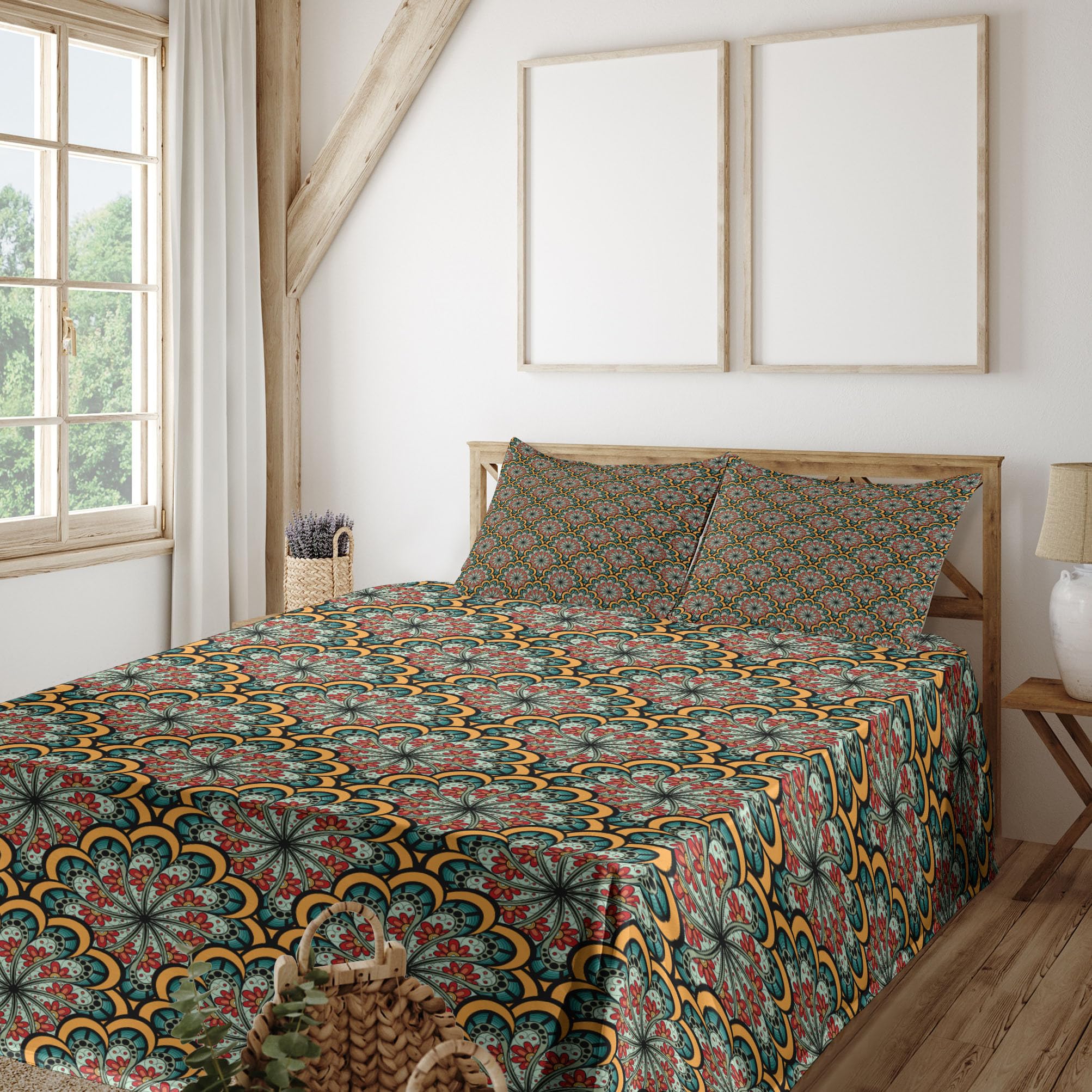 Ambesonne Bohemian Mandala Sheet Set 4-Piece King Size - Flourishing Nature Paisley Design, Fitted & Flat Sheets with Pillowcases - Seafoam Marigold Red - Perfect for Boho Bedroom Decor & Guest Room Styling