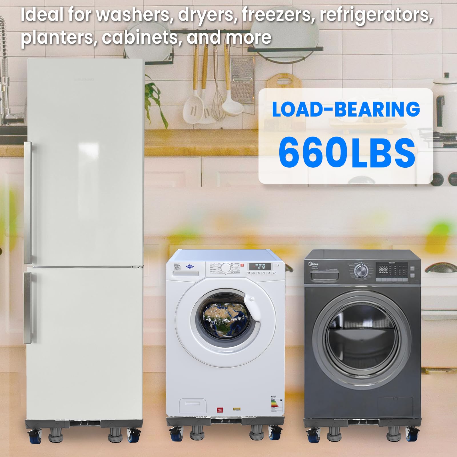 8-Wheel Heavy Duty Portable Mini Fridge Stand with 4 Reinforced Feet - Universal Appliance Dolly for Refrigerators, Washing Machines & Dryers (Grey) - Ideal for Laundry Rooms, Basements, Small Apartments & Home Moves