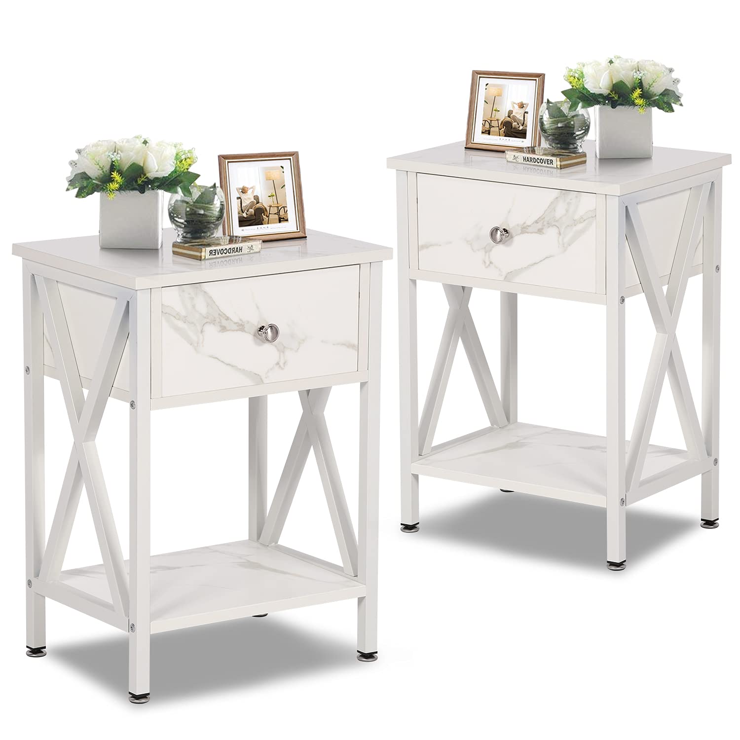 Rustic Night Stands for Bedroom - Set of 2 Wooden Bedside End Tables with Drawer Storage, Pearl White | Perfect for Small Spaces, Apartment Living & Home Decor