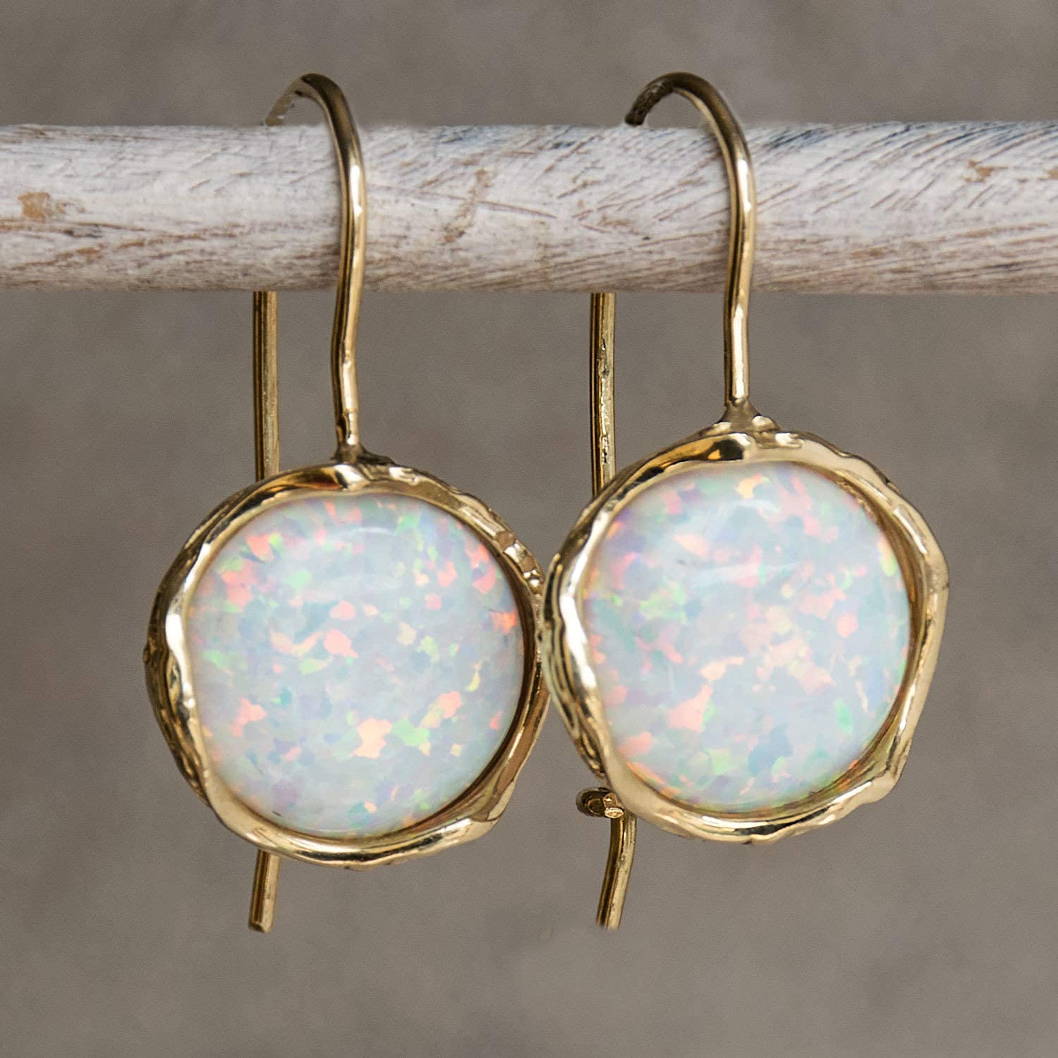 14K Solid Yellow Gold White Opal Dangle Earrings for Women - Big Cabochon Stone Dainty Jewelry - Perfect Graduation, Birthday & Mother's Day Gift - Elegant Everyday Wear & Special Occasion Accessories