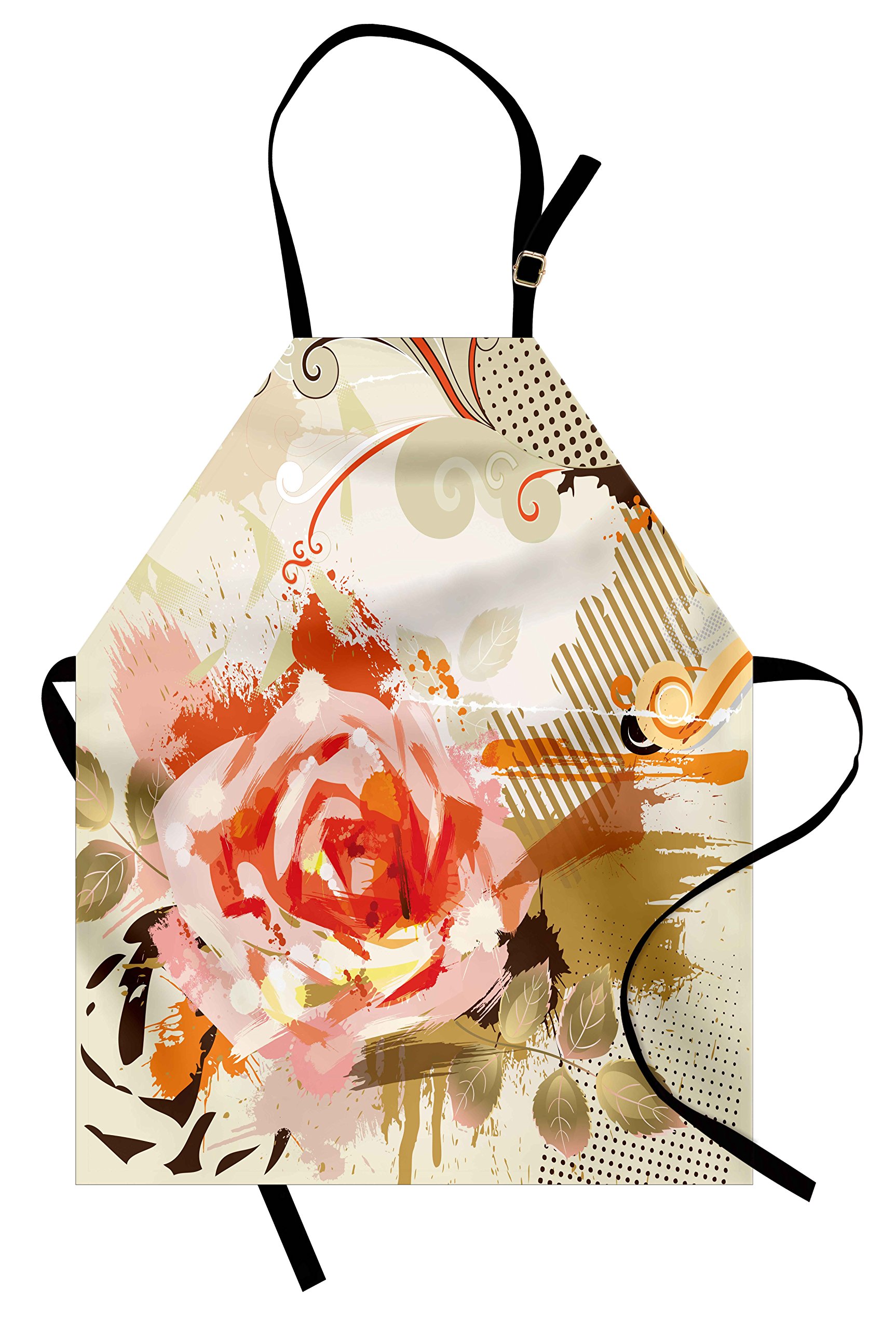 Ambesonne Unisex Kitchen Apron - Adjustable Bib Apron with Abstract Rose & Floral Retro Design for Cooking, Baking, Gardening | Khaki Orange Pink Pattern | Perfect for Home Chefs, BBQ Parties & Crafting