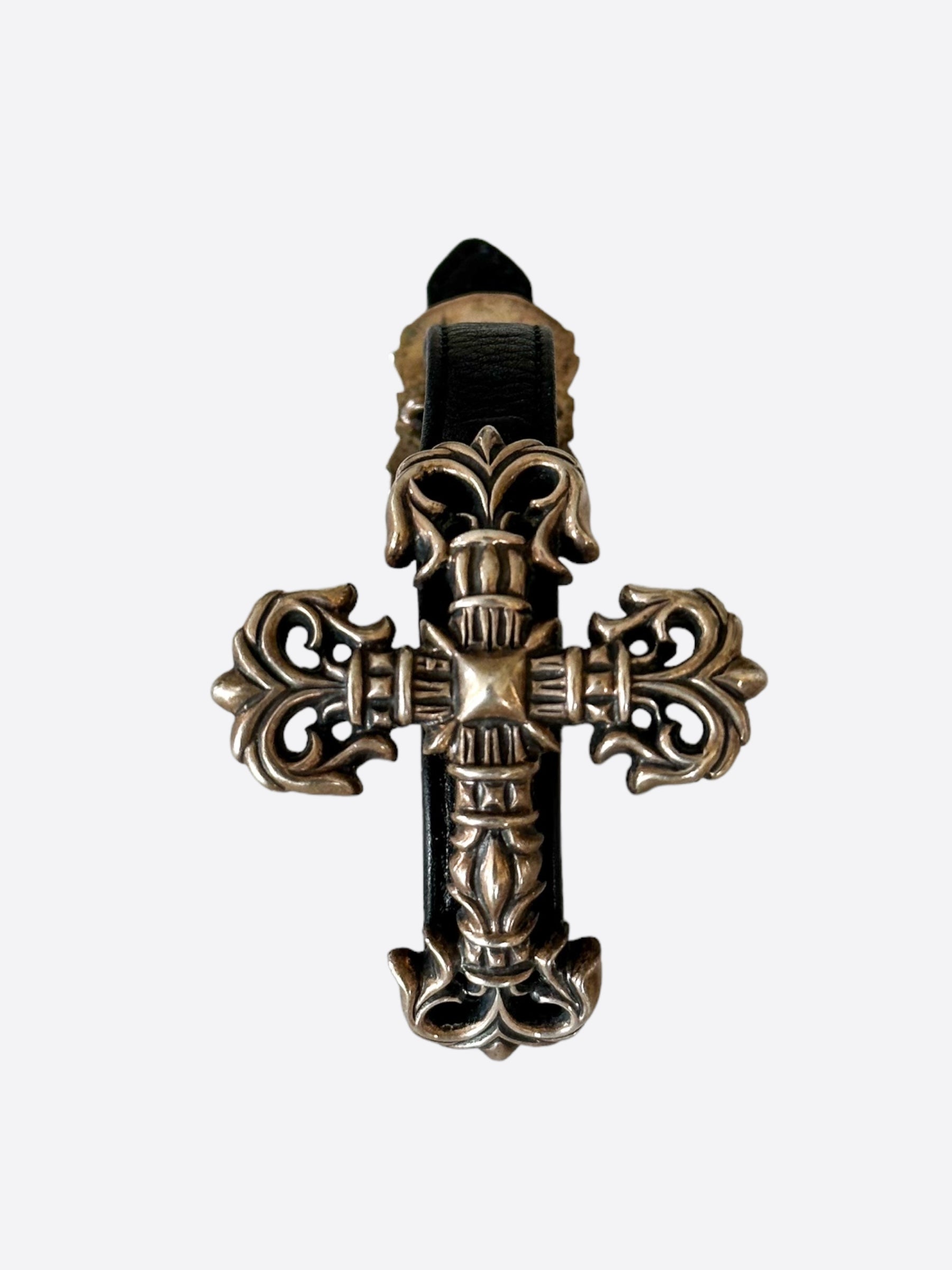 Chrome Hearts Black Leather Filigree Cross Gunslinger Bracelet for Men - Gothic Punk Jewelry Accessory for Bikers, Rockers & Fashion Enthusiasts