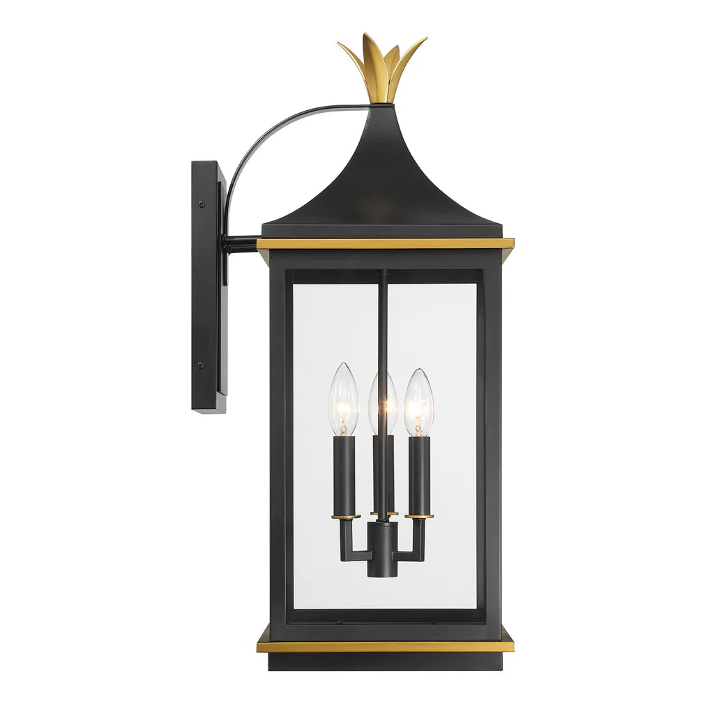 Simpson 3-Light Outdoor Wall Sconce - 10x25 Inch Stainless Steel & Glass Matte Black Fixture with Textured Gold Finish - 120V E12 Candelabra Base LED Compatible - Perfect for Patio Lighting, Garden Decor & Exterior Wall Illumination