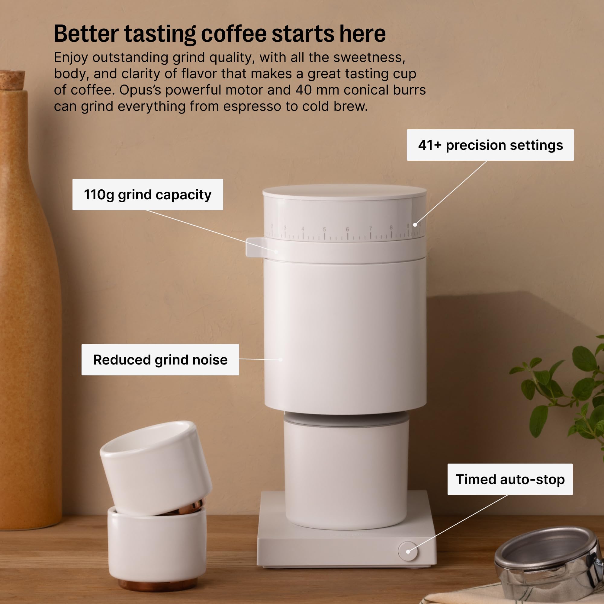 Fellow Opus Conical Burr Coffee Grinder - Premium Espresso Grinder with 41 Precise Settings for Espresso, Drip, French Press & Cold Brew - Matte White - Perfect for Home Baristas & Coffee Enthusiasts