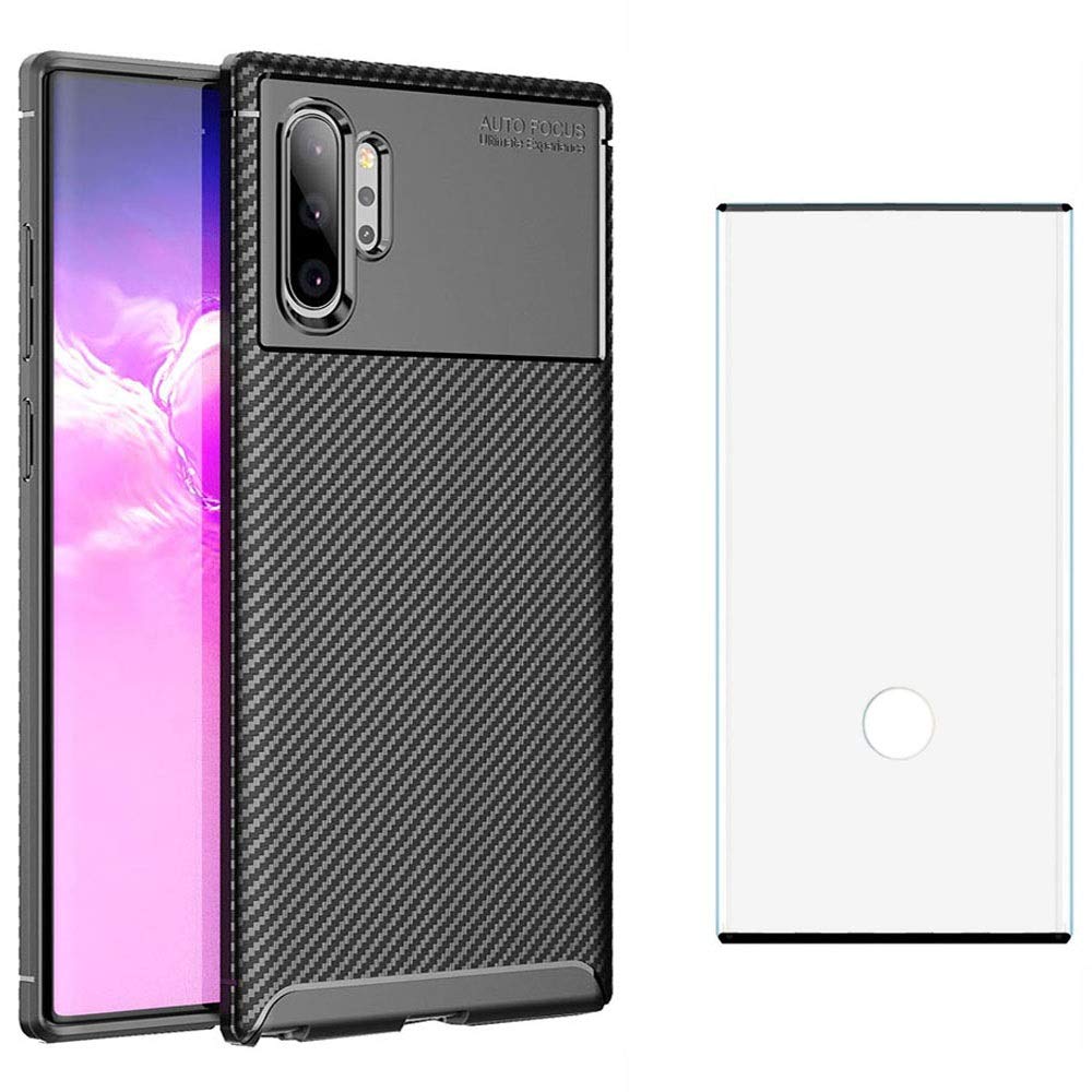 Samsung Galaxy Note 10 Plus Case with Tempered Glass Screen Protector - Slim Thin Soft TPU Rubber Cover for Note10+ 5G (Black) | Shockproof Protection for Everyday Use, Work & Travel