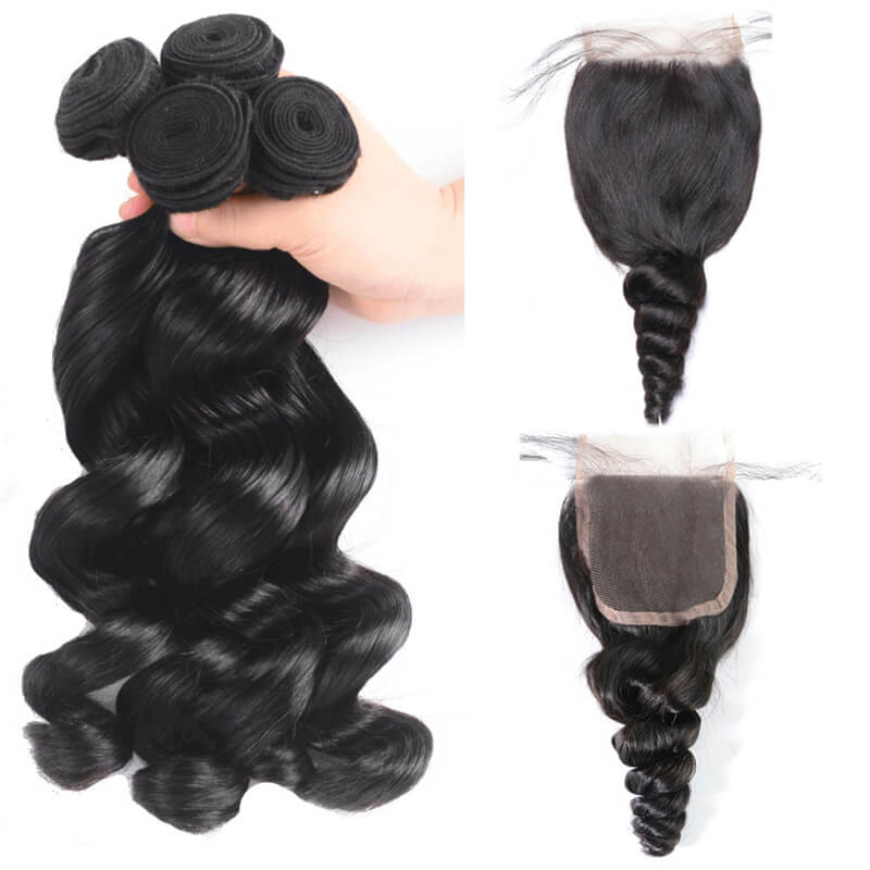 Eullair 100% Human Hair Loose Wave Bundles with Closure 3/4 PCS - 4x4 5x5 6x6 HD Lace Closure - Brazilian Virgin Hair Extensions for Natural Look - Perfect for Daily Wear, Parties & Special Occasions