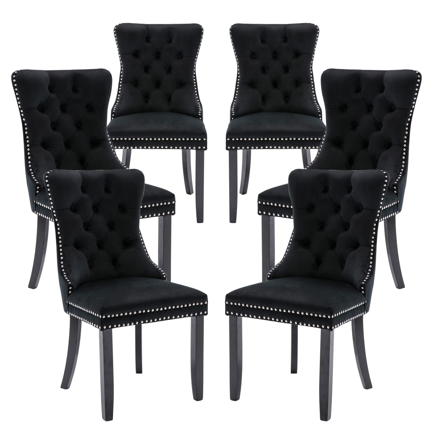 Tufted Velvet Dining Chairs Set of 6 - Button Back Upholstered Chairs with Nailhead Trim for Kitchen, Bedroom, Restaurant - Elegant Black Seating for Home & Commercial Use