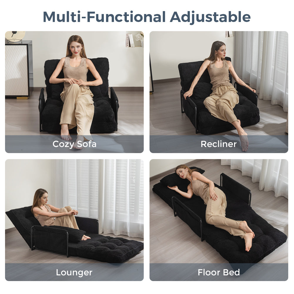 MAXYOYO Adjustable Floor Sofa Couch with Pillow - Boucle Convertible Lazy Sofa Sleeper Bed with Armrest - Single Size in Black - Perfect for Small Spaces, Living Rooms & Guest Beds