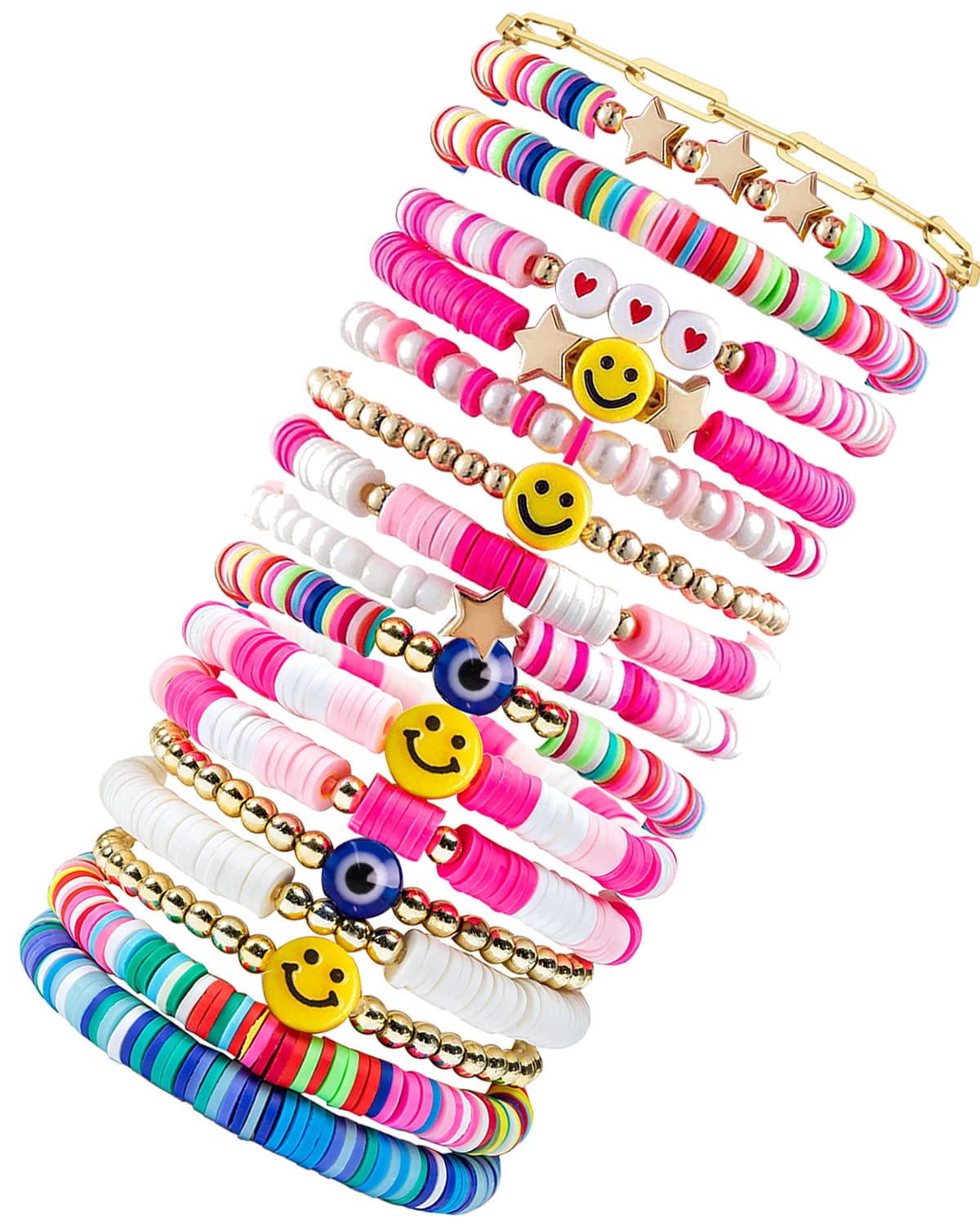 Y2K Preppy Heishi Beaded Bracelets for Women - Colorful Smiley Face & Evil Eye Boho Bracelet Set, Handmade Aesthetic Jewelry for Girls, Summer Beach Accessories | Perfect for Festival, Vacation & Everyday Boho Chic Style