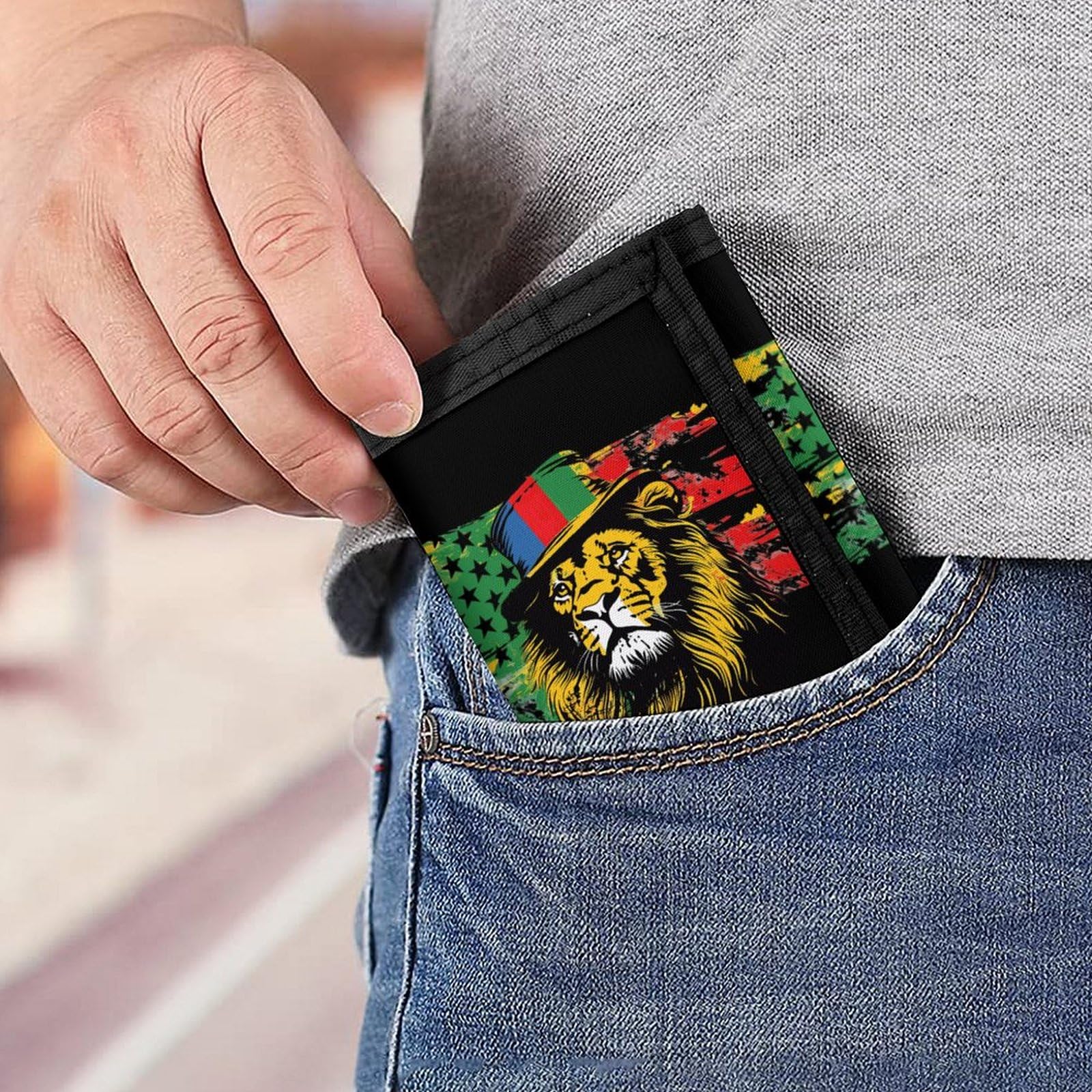 Jamaica Lion USA Flag Slim Trifold Wallet - RFID Blocking Front Pocket Wallet with Credit Card Slots & ID Window - Perfect Gift for Men, Travel, and Everyday Use