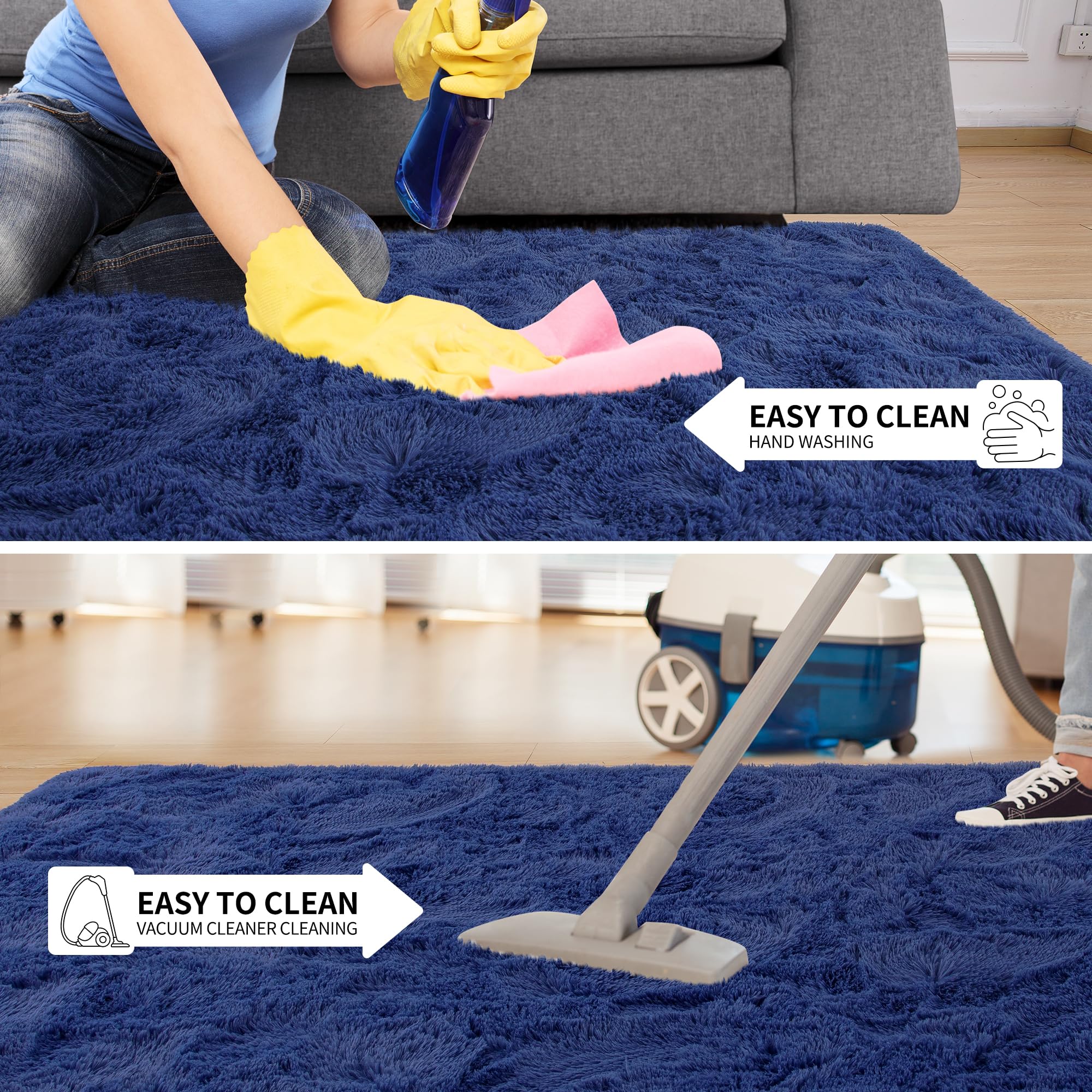 Tepook Modern Shaggy Rug 6x9 Feet - Soft Velvet High Pile Fluffy Area Rug, Light Navy Blue, Machine Washable Stain Resistant Indoor Carpet for Living Room, Bedroom, Nursery & Home Decor