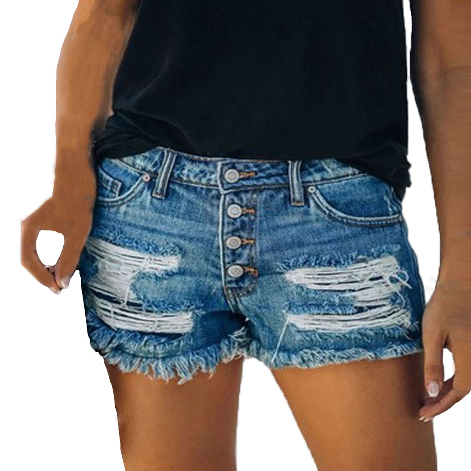 Women's Frayed Denim Shorts - Mid Rise Stretchy Cutoff Jean Shorts with Rolled Hem | Summer Casual Hot Shorts for Beach, Vacation & Everyday Wear