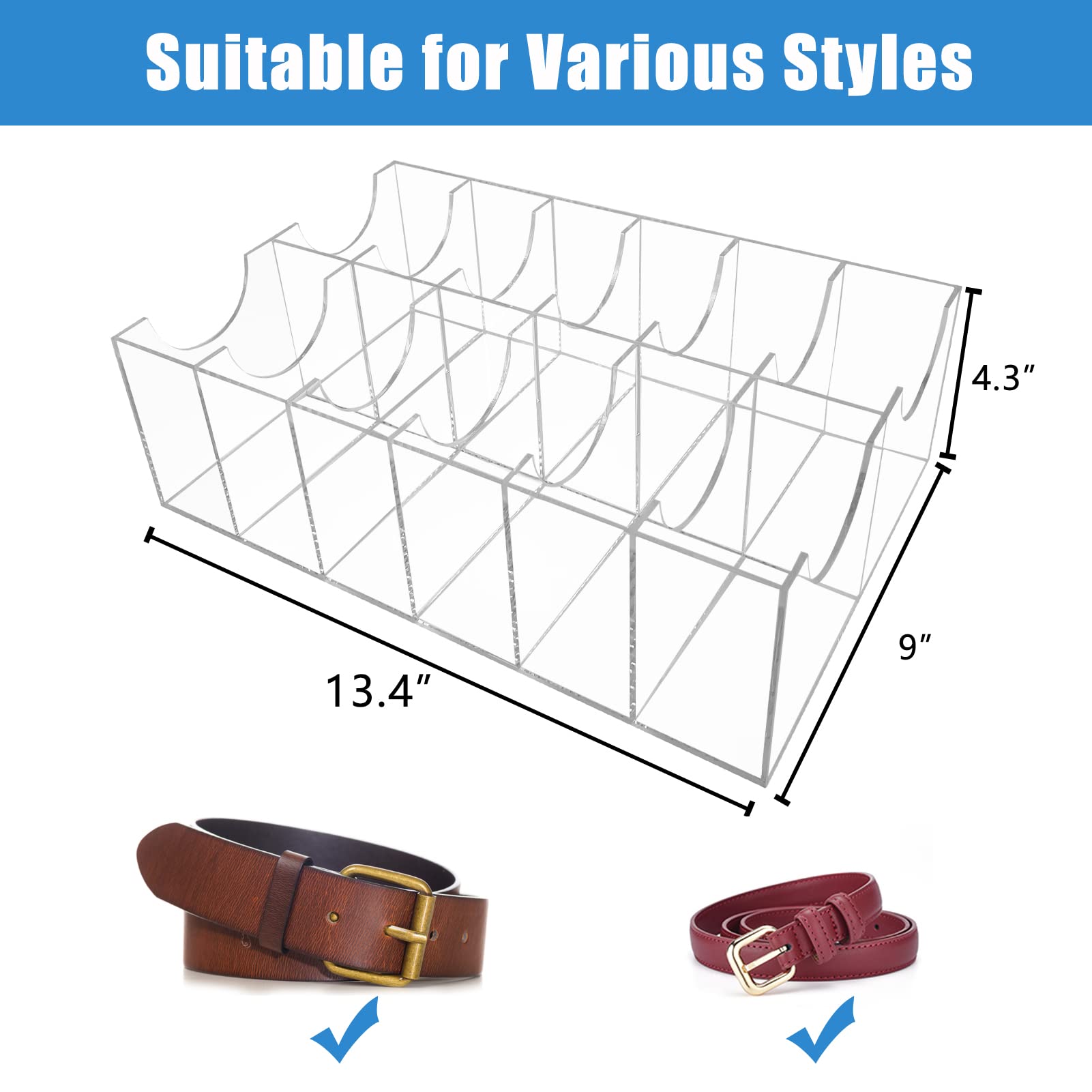 Acrylic Belt Organizer with 12 Compartments - Clear Storage Box for Belts, Ties, Jewelry & Accessories | Perfect for Closet Organization, Retail Display & Travel Storage