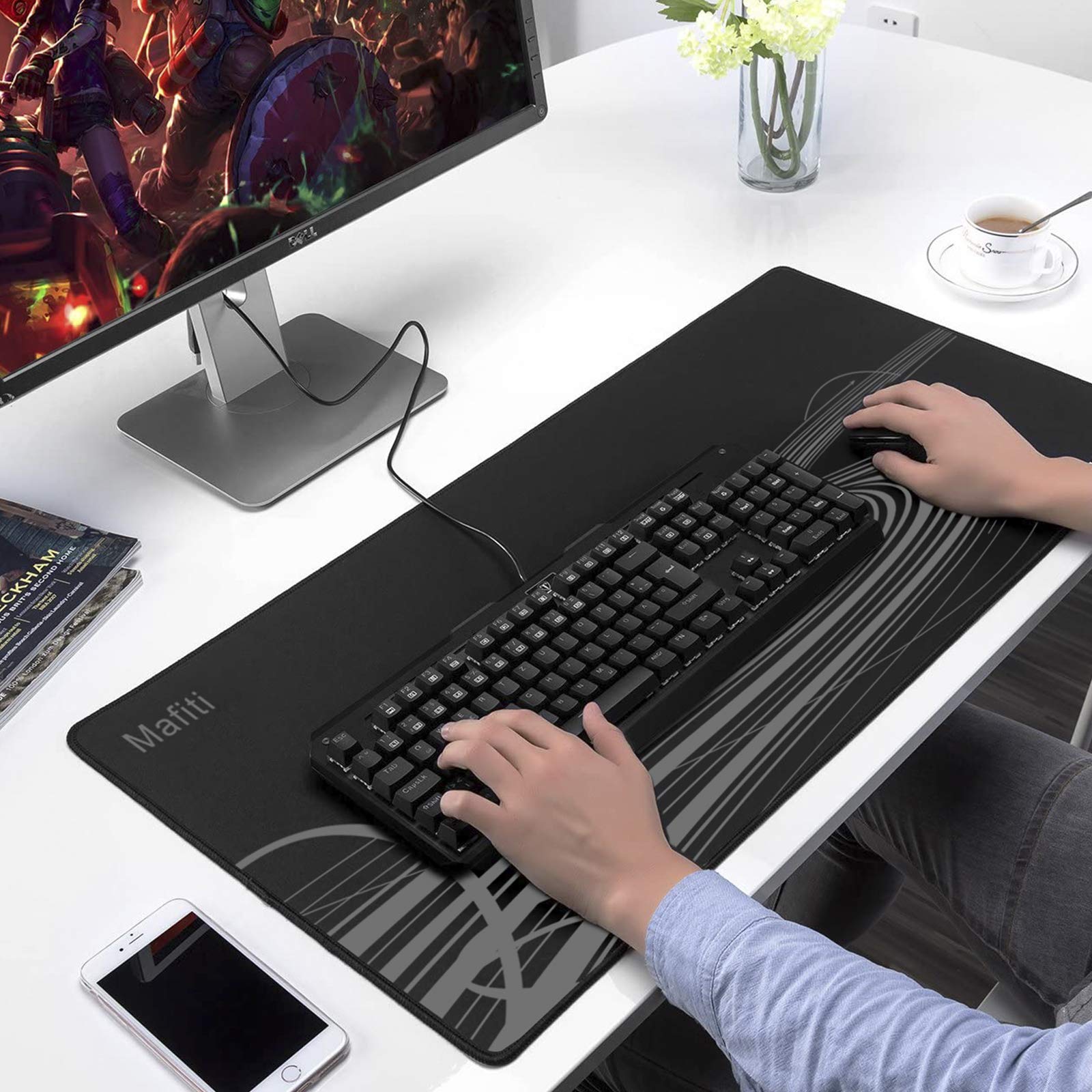 Extra Large Gaming Mouse Pad 35.4x15.7 Inches - Stitched Edges, Non-Slip Rubber Base, Water-Resistant Desk Mat for Keyboard & Mouse - Perfect for PC Gaming, Office Work & Home Computer Setup - Black Extended Mousepad