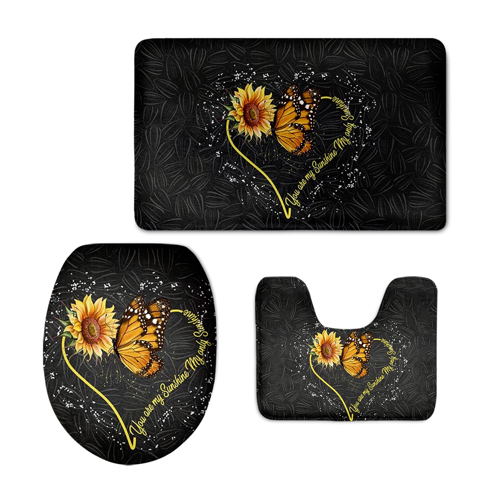 Non-Slip Flannel Bathroom Mat Set - 3 Piece U-Shaped Contour Pad with Sunflower & Butterfly Heart Design, Soft Absorbent Bath Mats for Toilet Cover & Floor Protection - Perfect for Bathroom Decor, Guest Rooms & Cozy Home Comfort