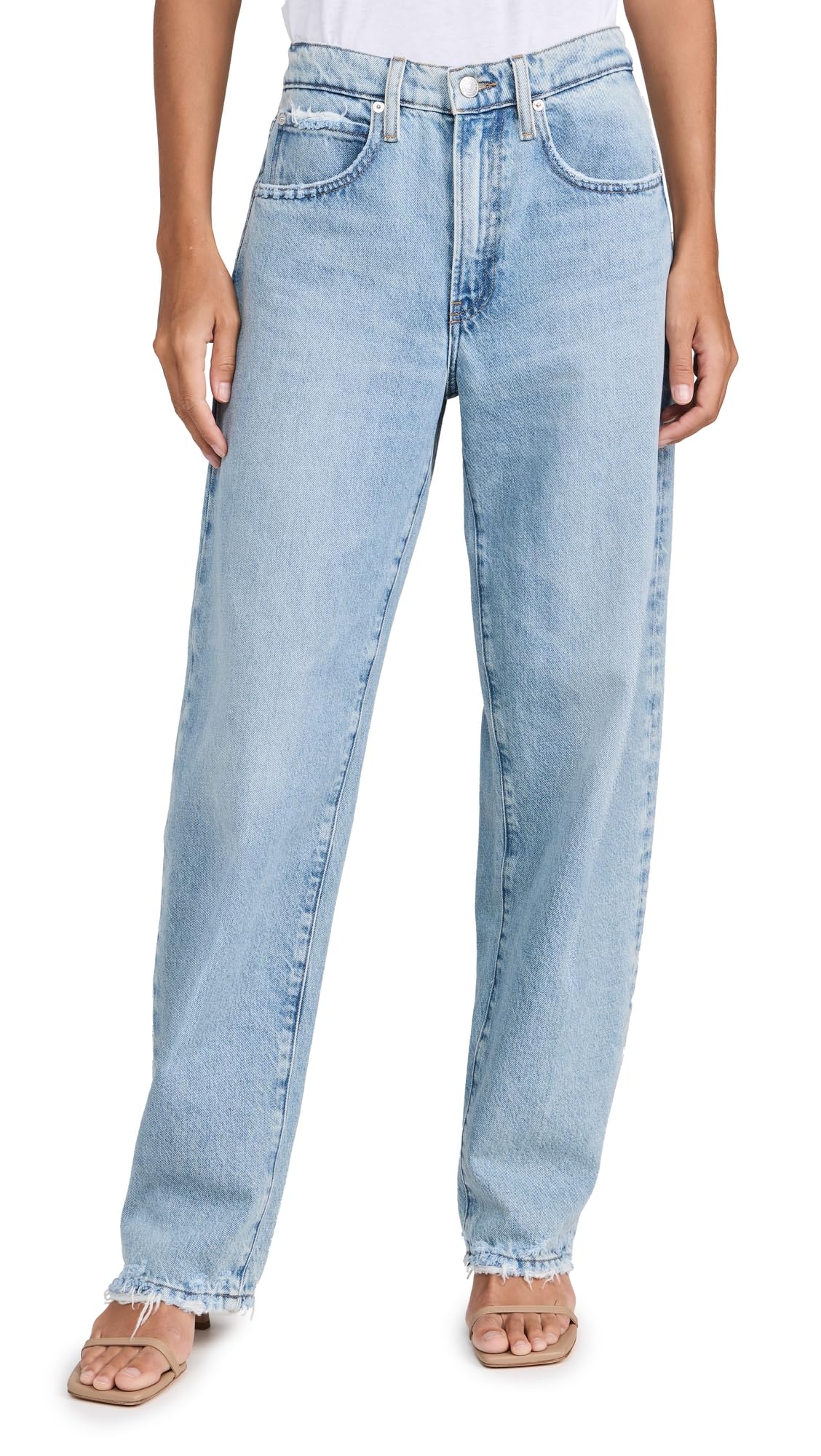 FRAME Women's Low Rise Barrel Jeans - High Waist Distressed Denim Pants for Casual Outfits & Street Style