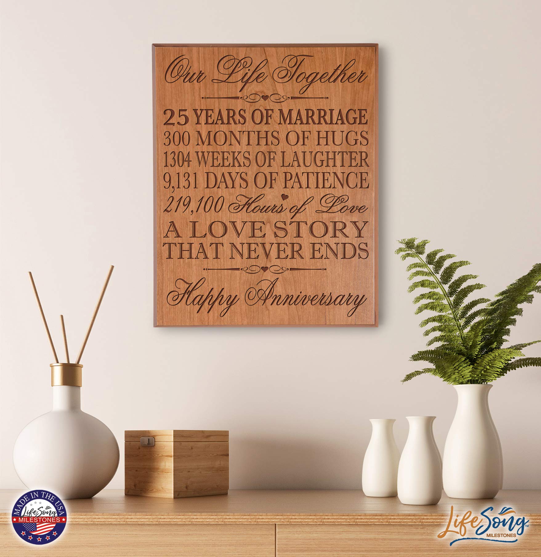 LifeSong Milestones 25th Wedding Anniversary Wall Plaque - Elegant Cherry Veneer Wood Gift for Couples (12